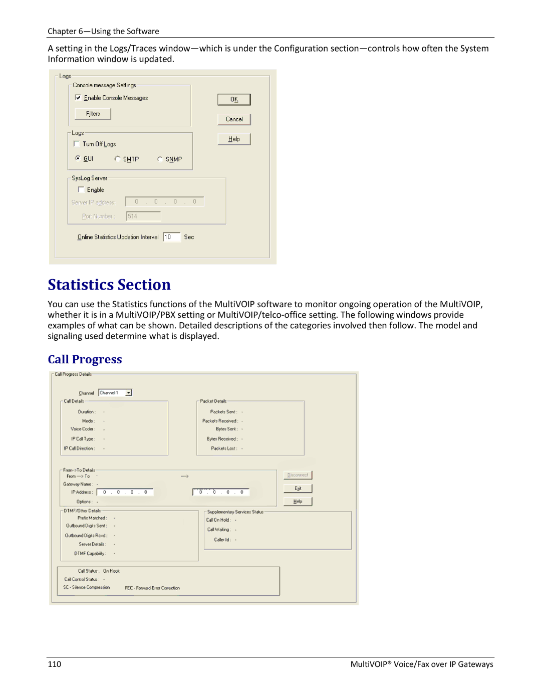 Multitech 810-FX, 810 MVP210, 810-SS MVP210, 410 Statistics Section, Call Progress, MultiVOIP Voice/Fax over IP Gateways 