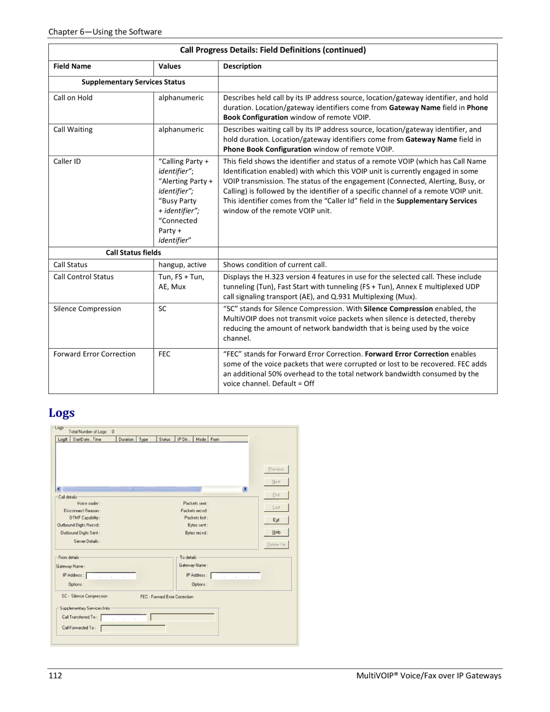 Multitech 810 MVP210 Logs, Field Name Values Supplementary Services Status, Identifier, + identifier, Call Status fields 