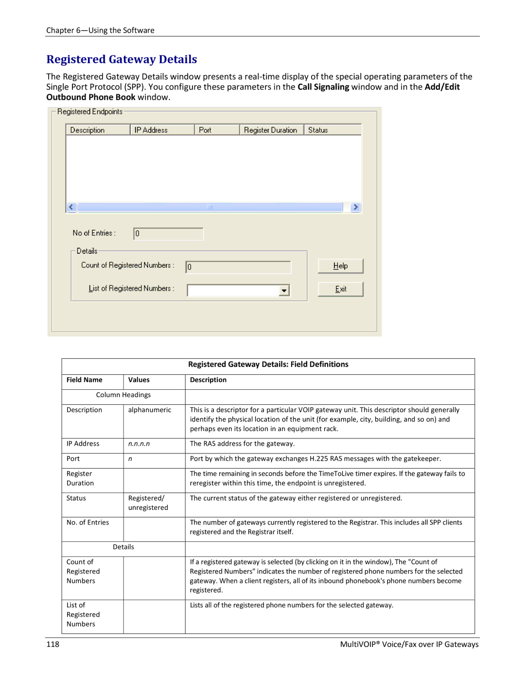 Multitech 810-SS MVP210, 810-FX, 810 MVP210, 410 manual Registered Gateway Details Field Definitions, Column Headings 