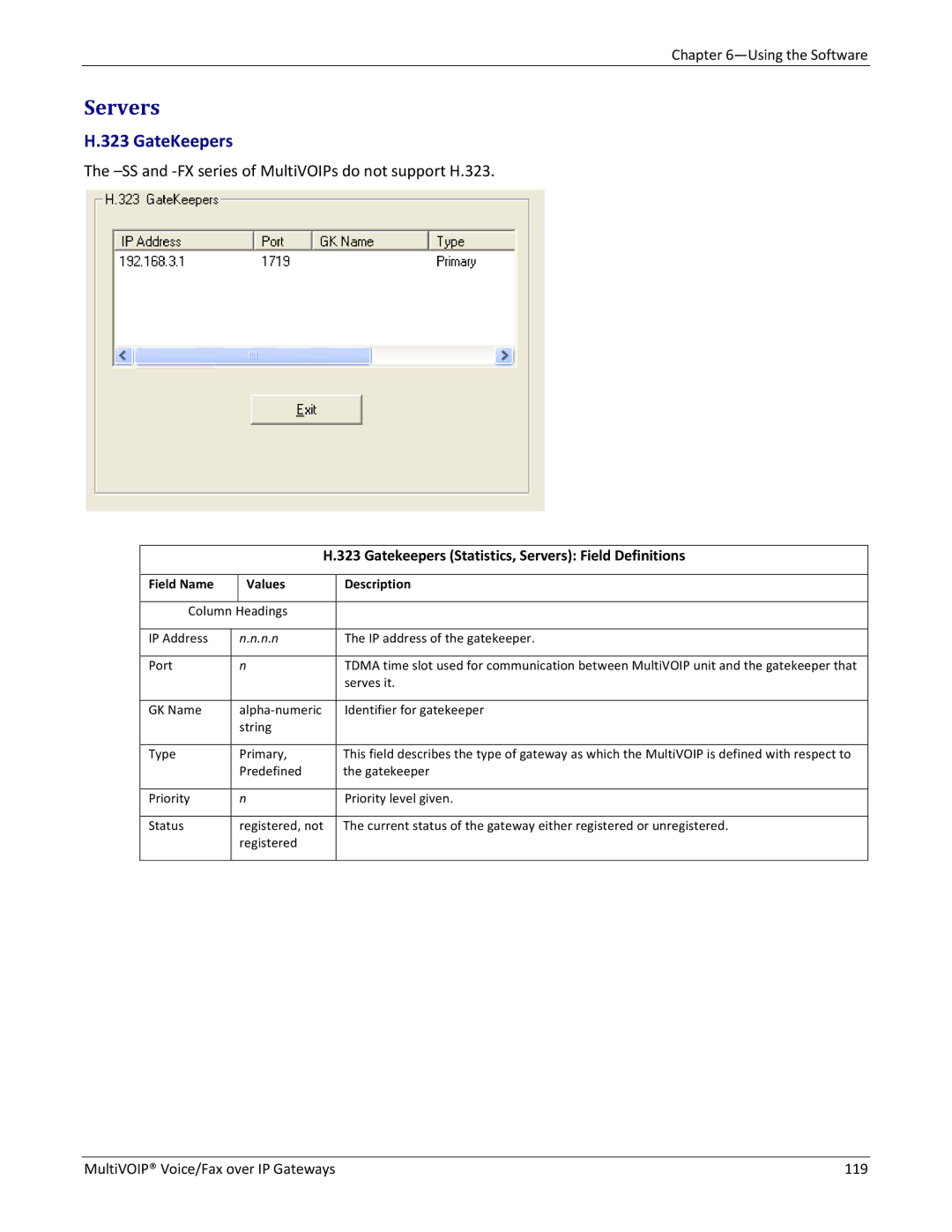 Multitech 410, 810-FX, 810 MVP210, 810-SS MVP210 manual GateKeepers, Gatekeepers Statistics, Servers Field Definitions 