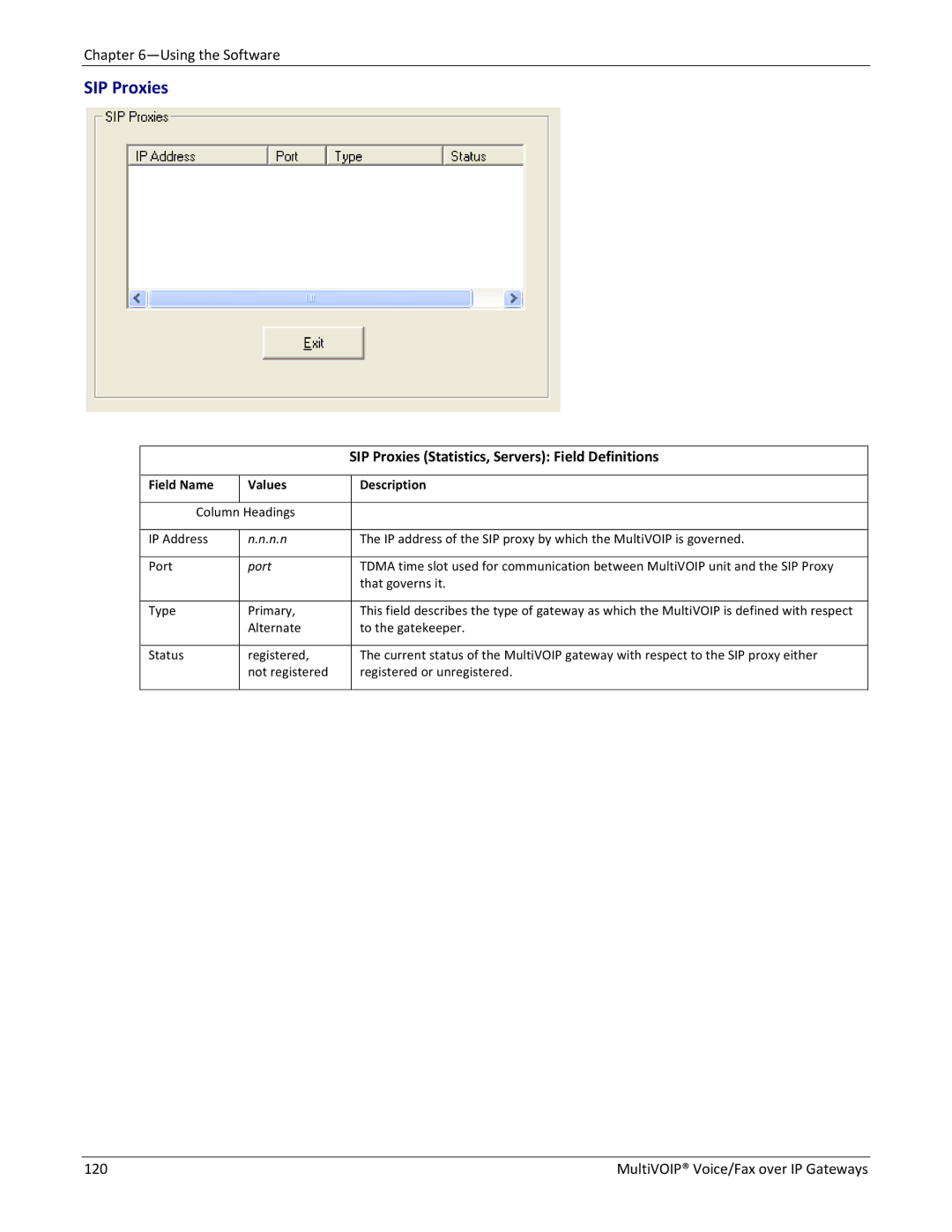 Multitech 810-FX, 810 MVP210, 810-SS MVP210, 410 manual SIP Proxies Statistics, Servers Field Definitions 