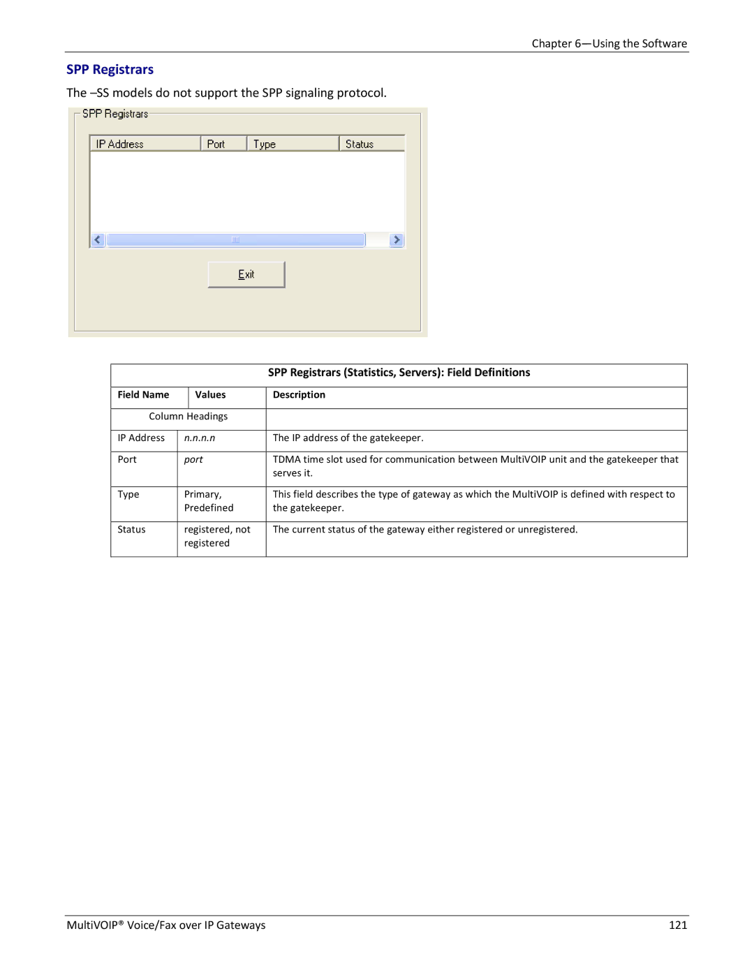 Multitech 810-FX SPP Registrars Statistics, Servers Field Definitions, Type Primary Predefined Status Registered, not 