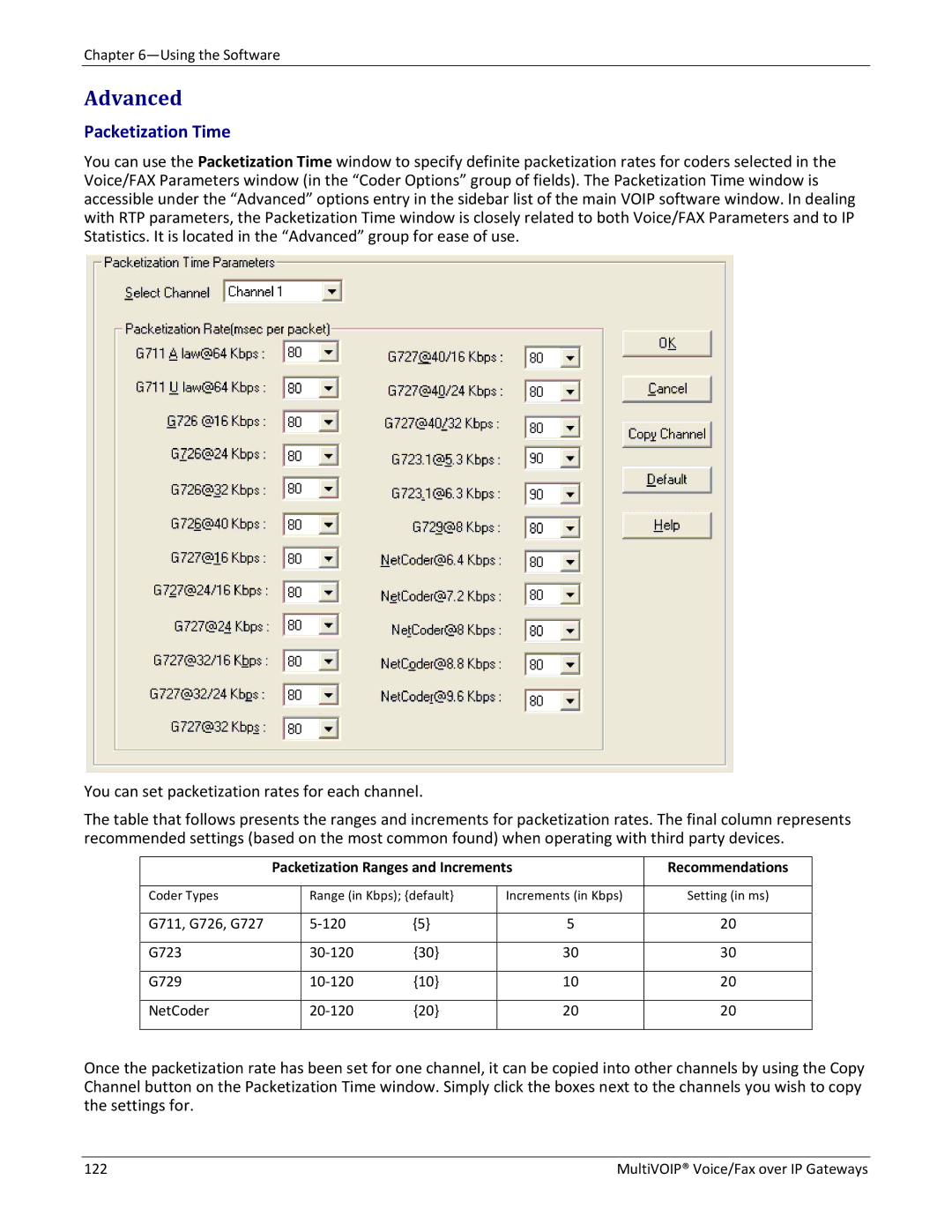 Multitech 810 MVP210, 810-FX, 410 manual Advanced, Packetization Time, Packetization Ranges and Increments Recommendations 