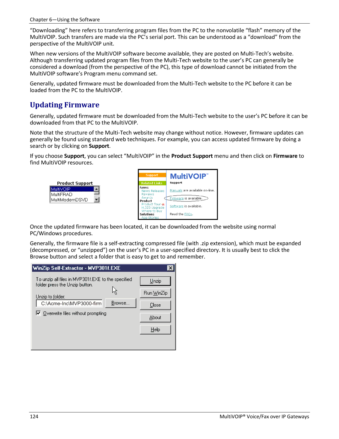 Multitech 410, 810-FX, 810 MVP210, 810-SS MVP210 manual Updating Firmware, MultiVOIP Voice/Fax over IP Gateways 