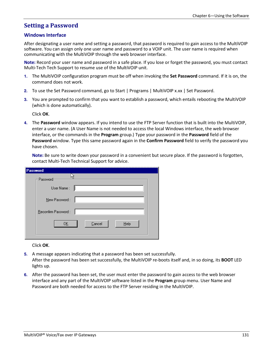 Multitech 810-FX, 810 MVP210, 810-SS MVP210, 410 manual Setting a Password, Windows Interface 