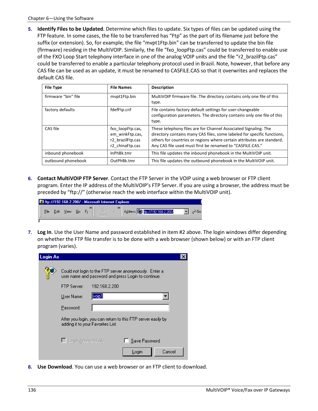 Multitech 810-FX, 810 MVP210, 410 manual File Type File Names Description, Firmware bin file Mvpt1Ftp.bin, R2brazilFtp.cas 