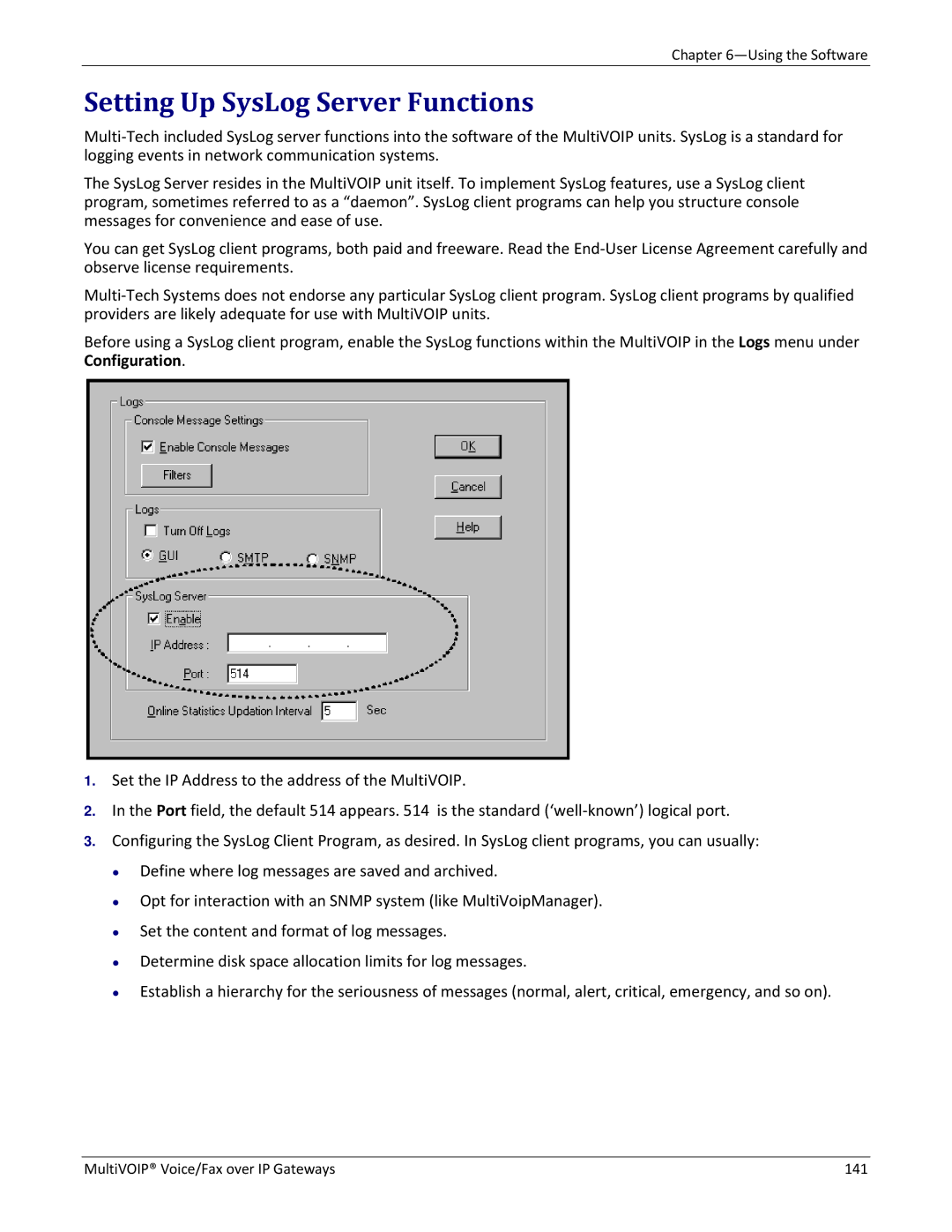 Multitech 810-FX, 810 MVP210, 810-SS MVP210, 410 manual Setting Up SysLog Server Functions 