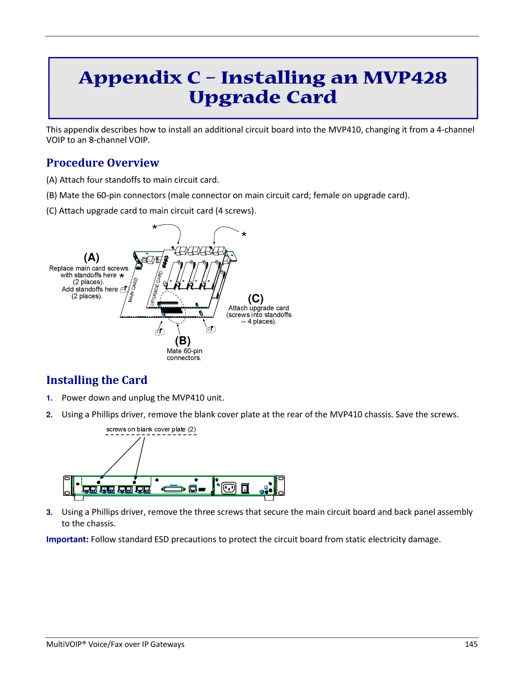 Multitech 810-FX, 810 MVP210, 410 Appendix C Installing an MVP428 Upgrade Card, Procedure Overview, Installing the Card 