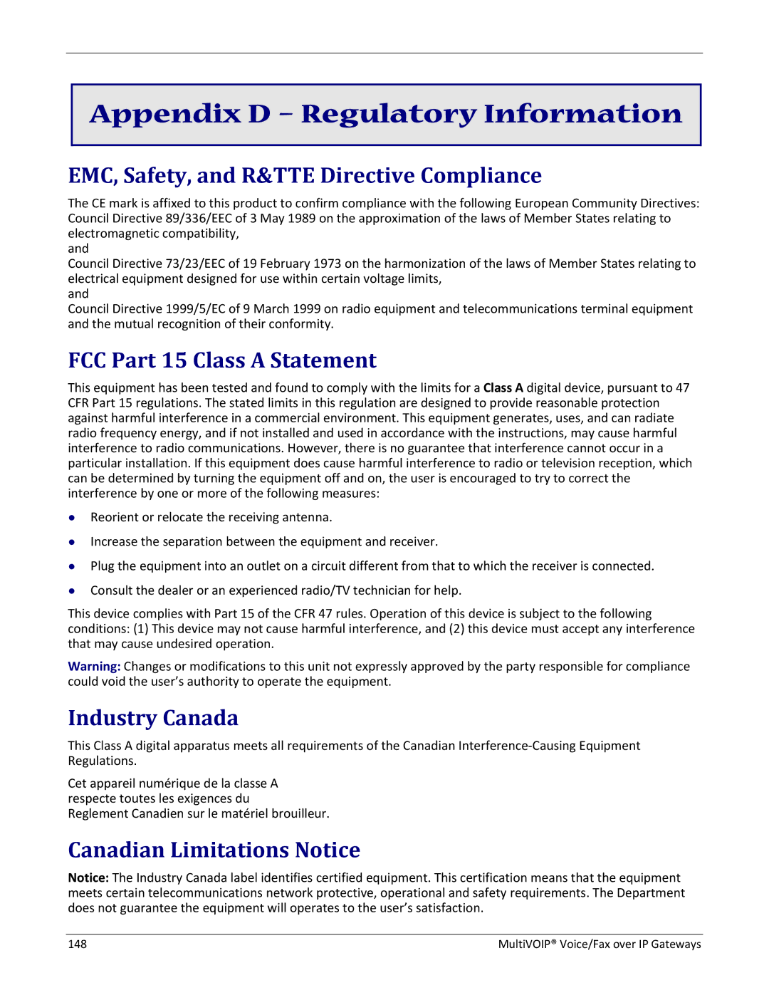 Multitech 810-SS MVP210 Appendix D Regulatory Information, EMC, Safety, and R&TTE Directive Compliance, Industry Canada 