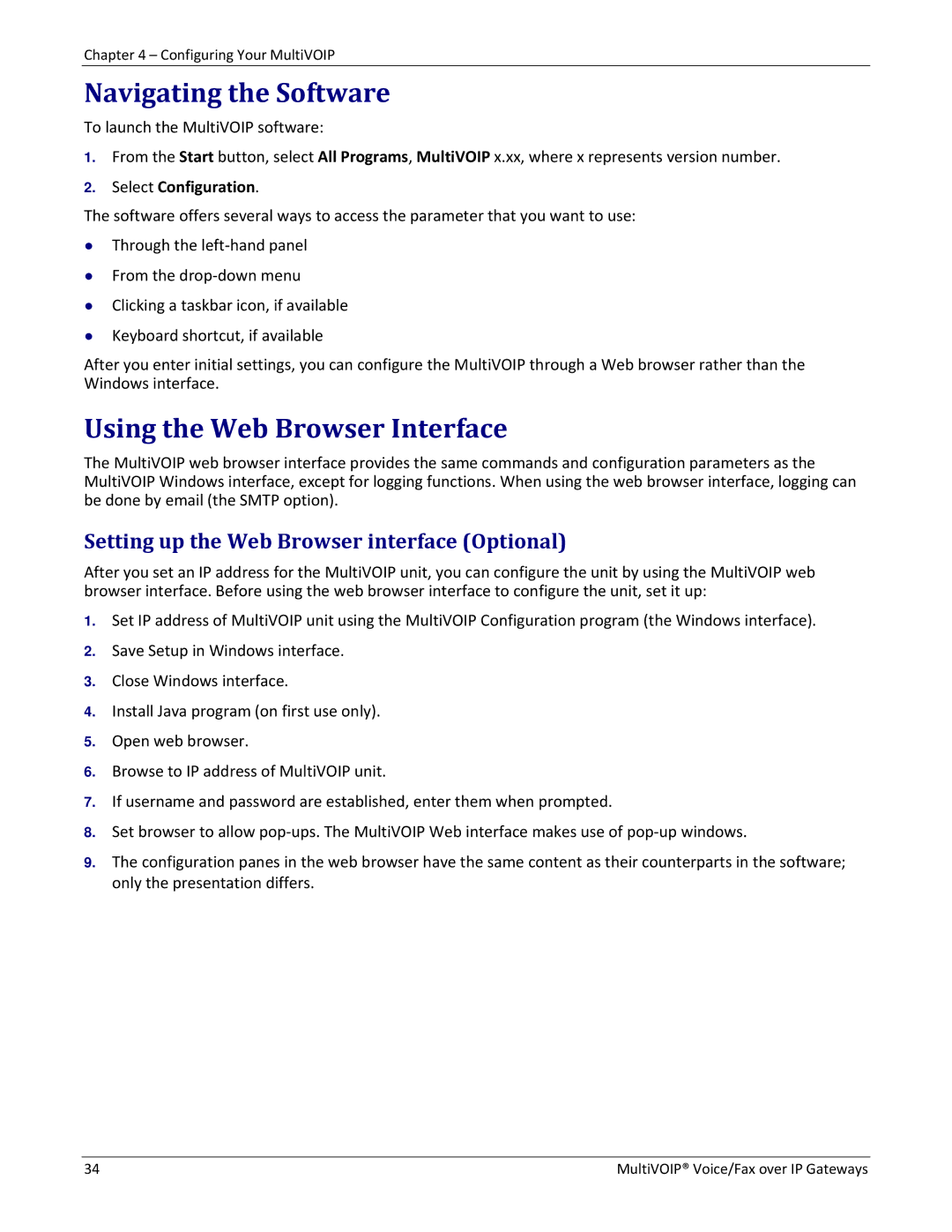 Multitech 410 Navigating the Software, Using the Web Browser Interface, Setting up the Web Browser interface Optional 