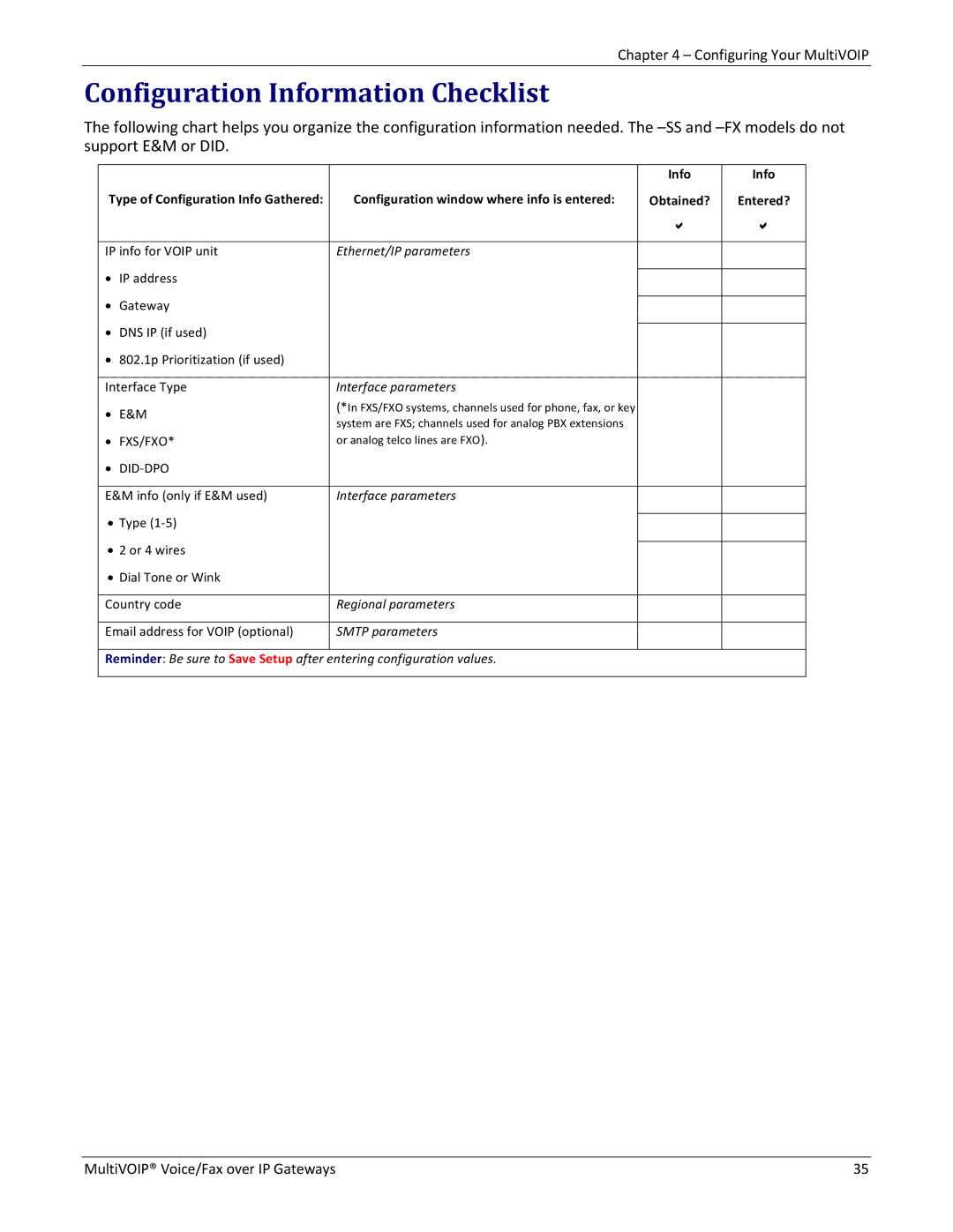 Multitech MVP210 Configuration Information Checklist, Ethernet/IP parameters, Interface parameters, Regional parameters 