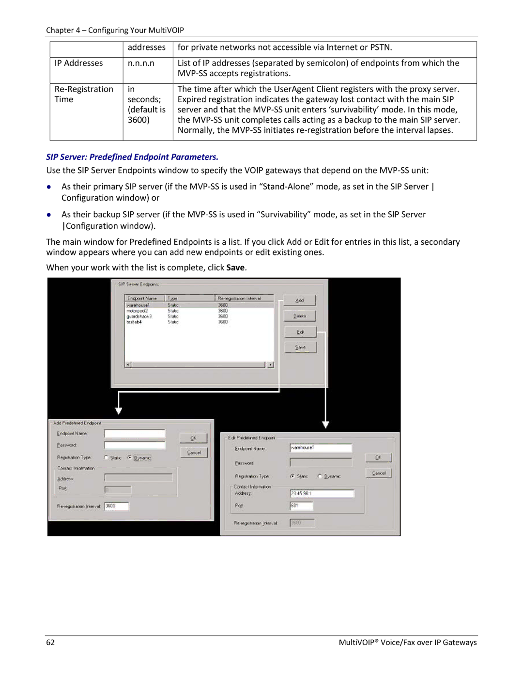 Multitech 810 MVP210, 810-FX, 810-SS MVP210, 410 manual SIP Server Predefined Endpoint Parameters 