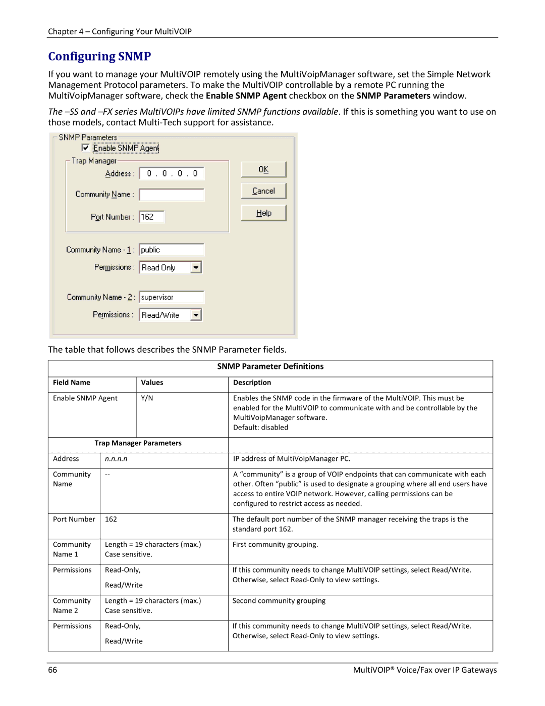 Multitech 810-FX, 810 MVP210, 810-SS MVP210, 410 Configuring Snmp, Snmp Parameter Definitions, Trap Manager Parameters 