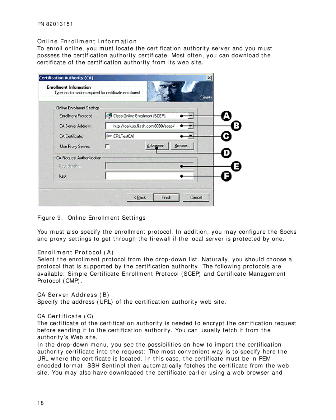 Multitech RFIPSC-50, RFIPSC-10 Online Enrollment Information, Enrollment Protocol a, CA Server Address B, CA Certificate C 