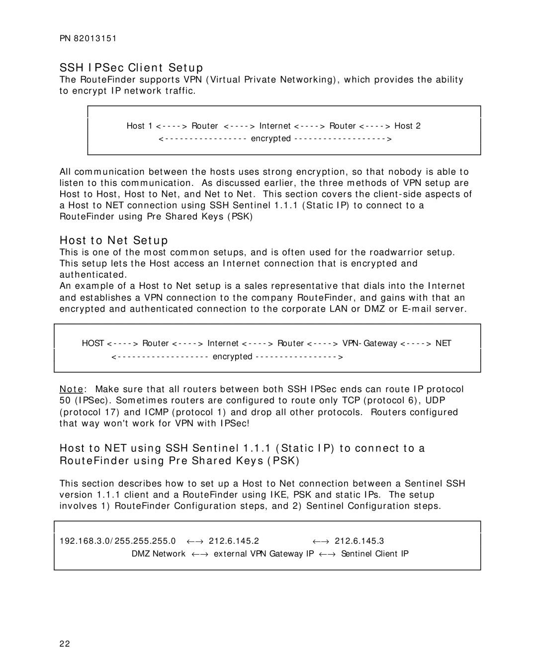 Multitech RFIPSC-50, RFIPSC-10 quick start SSH IPSec Client Setup, Host to Net Setup 