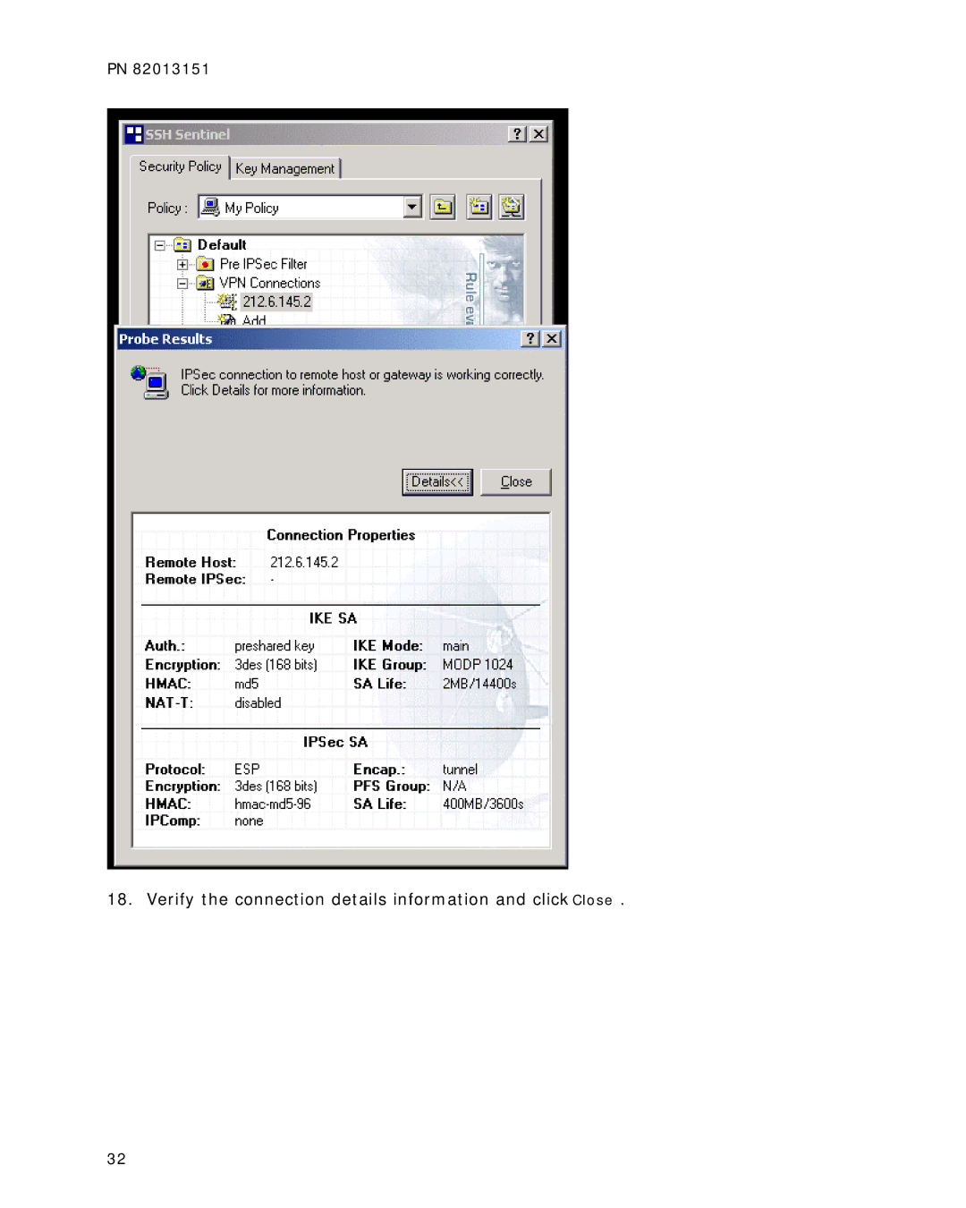 Multitech RFIPSC-10, RFIPSC-50 quick start Verify the connection details information and click Close 