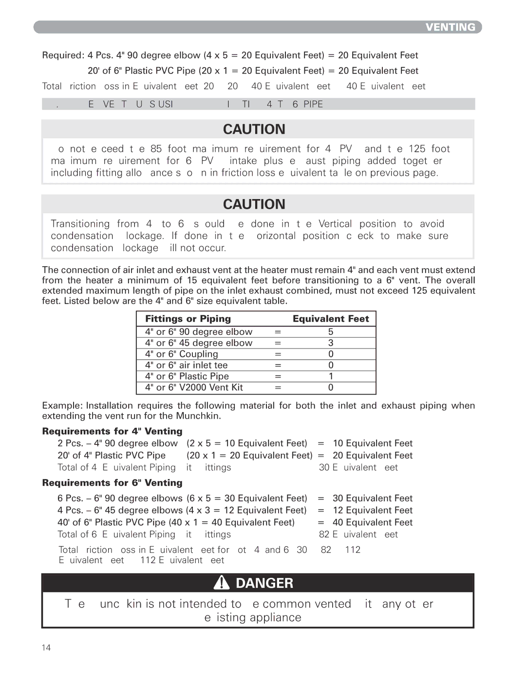 Munchkin 399M manual Longer Vent Runs Using a Combination 4 to 6 Pipe, Fittings or Piping Equivalent Feet 