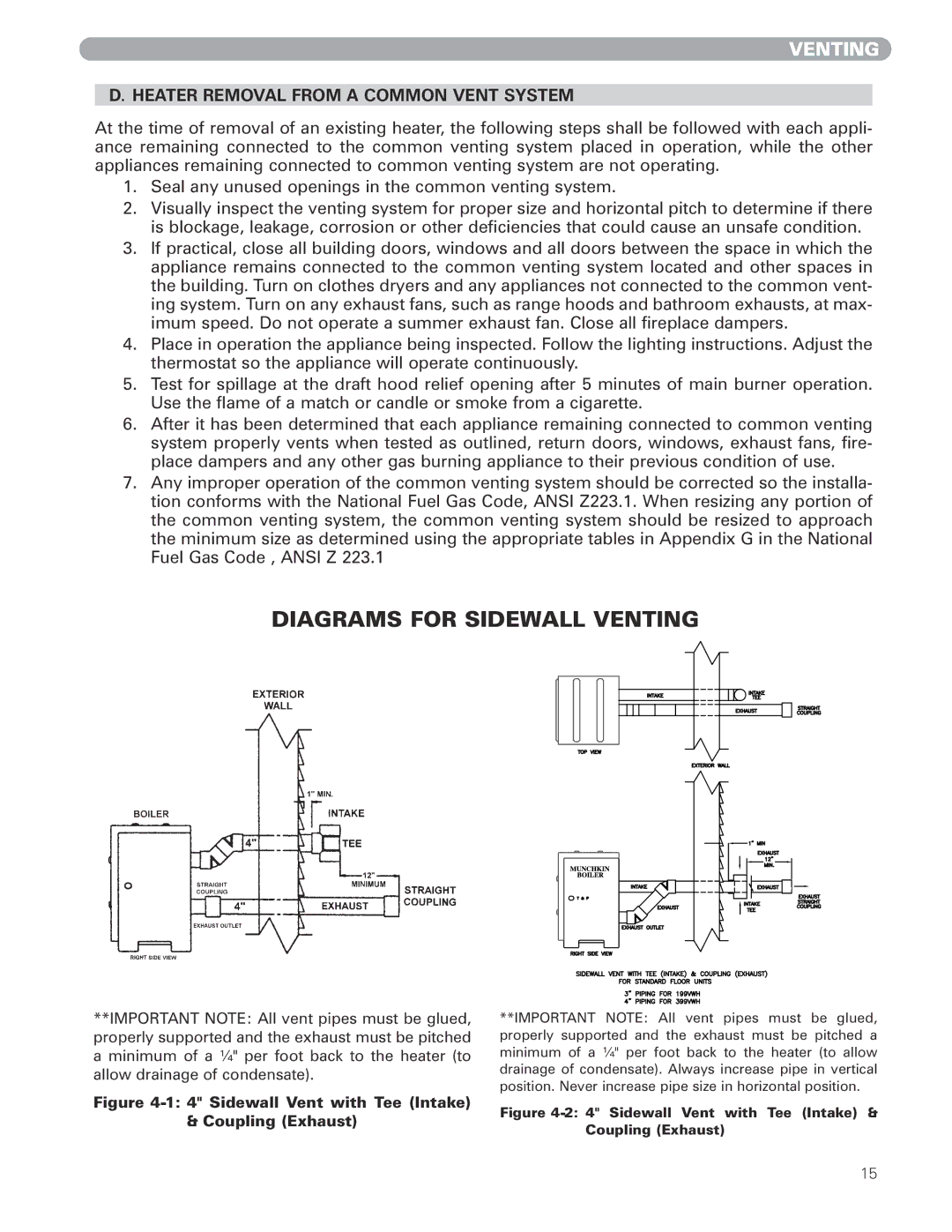 Munchkin 399M manual Diagrams for Sidewall Venting, Heater Removal from a Common Vent System 