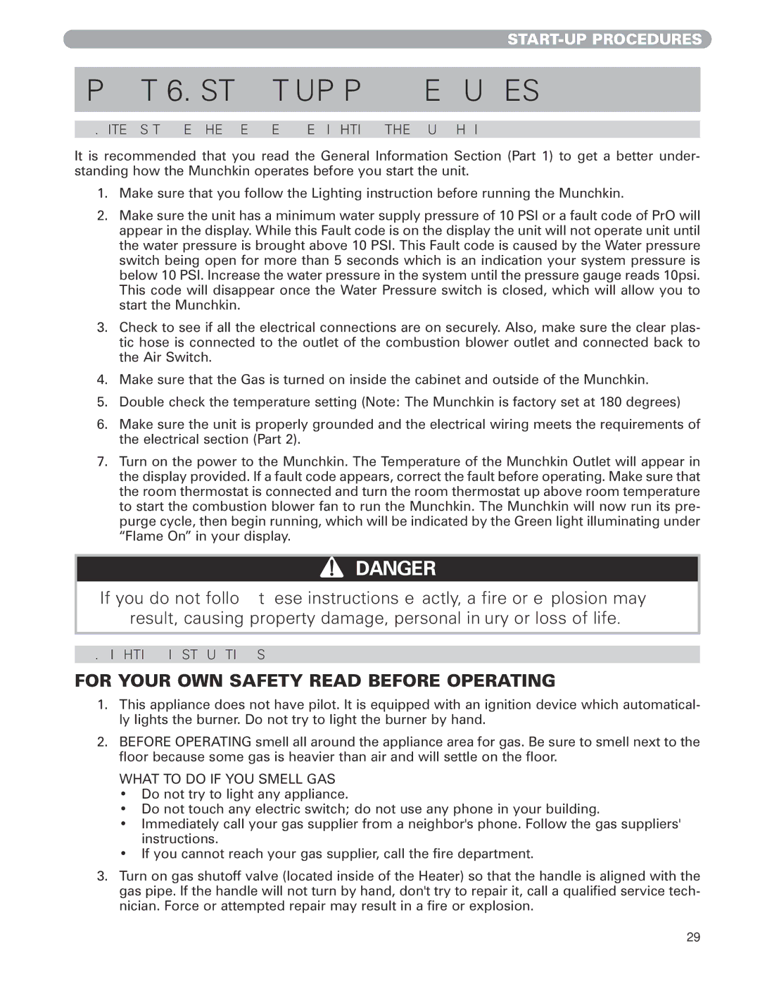 Munchkin 399M manual Part 6. START-UP Procedures, Items to be Checked Before Lighting the Munchkin, Lighting Instructions 