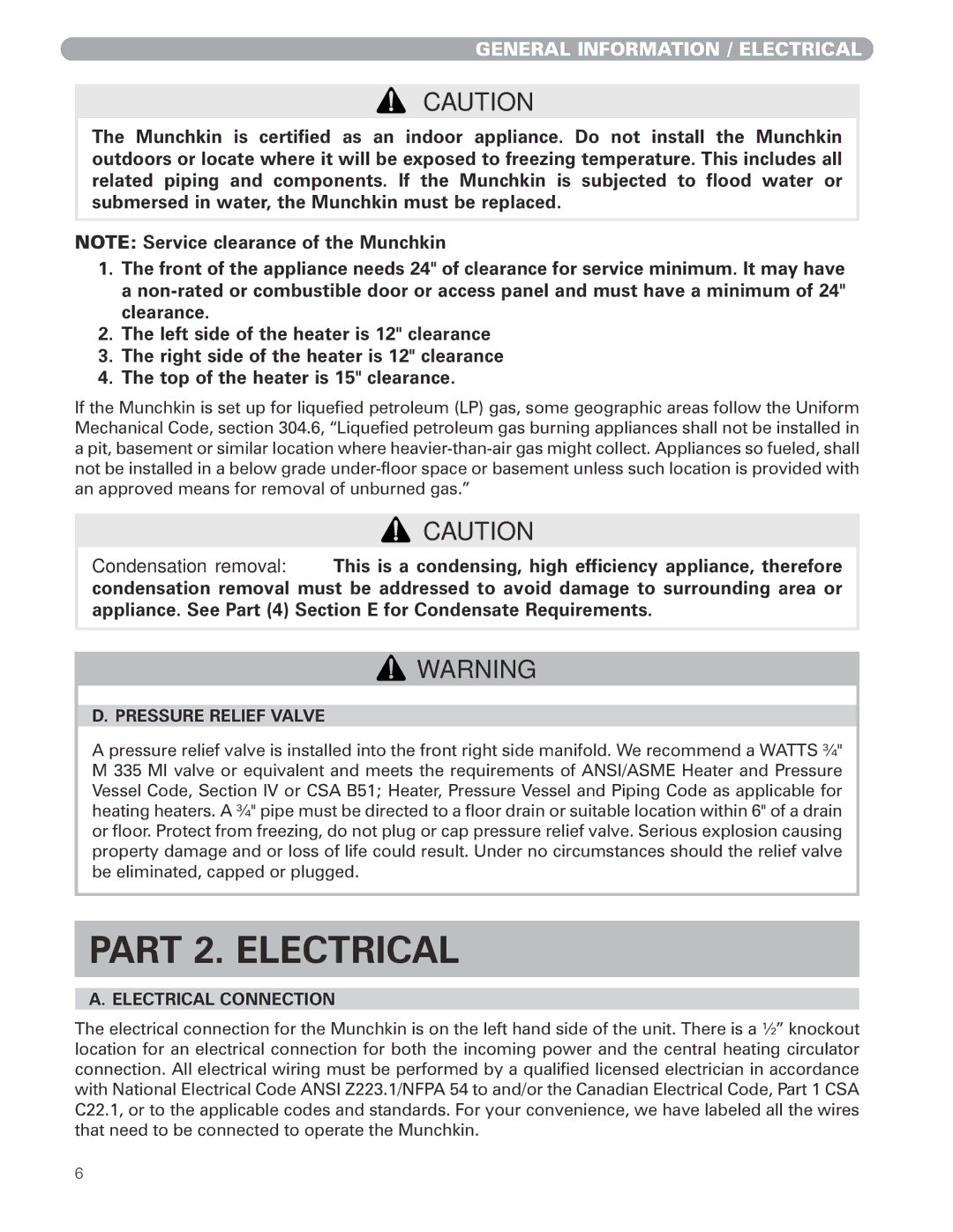 Munchkin 399M manual Part 2. Electrical, General Information / Electrical, Pressure Relief Valve, Electrical Connection 