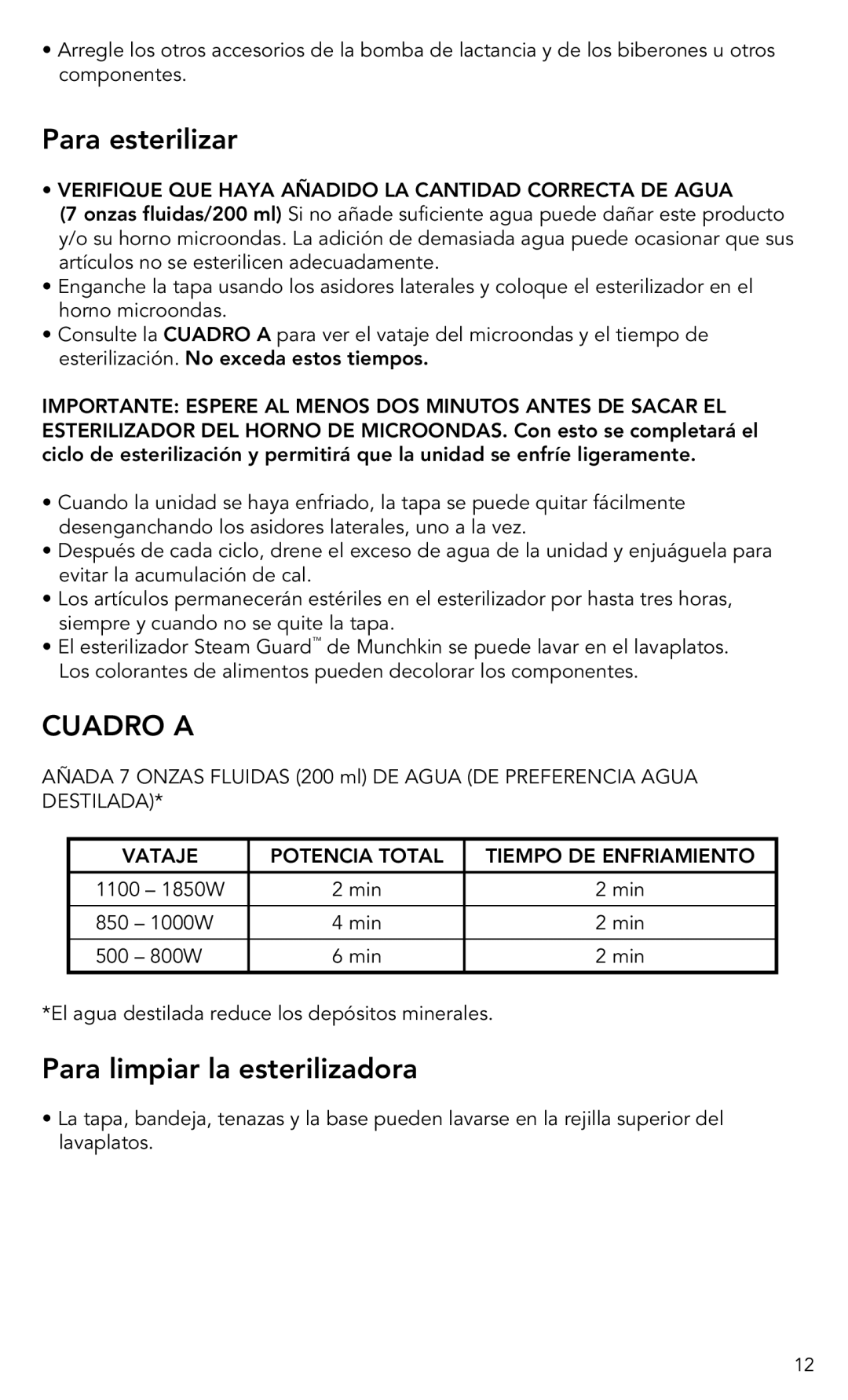 Munchkin Baby Accessories manual Para esterilizar, Cuadro a, Para limpiar la esterilizadora 