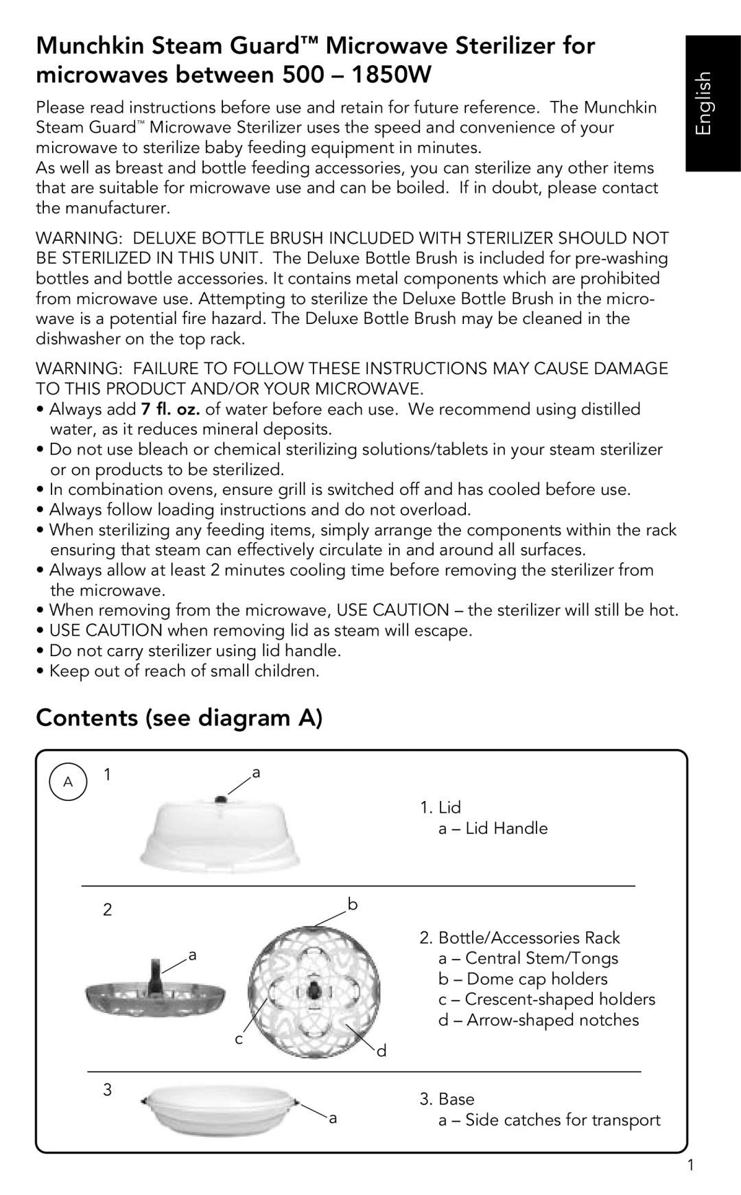 Munchkin Baby Accessories manual Contents see diagram a 