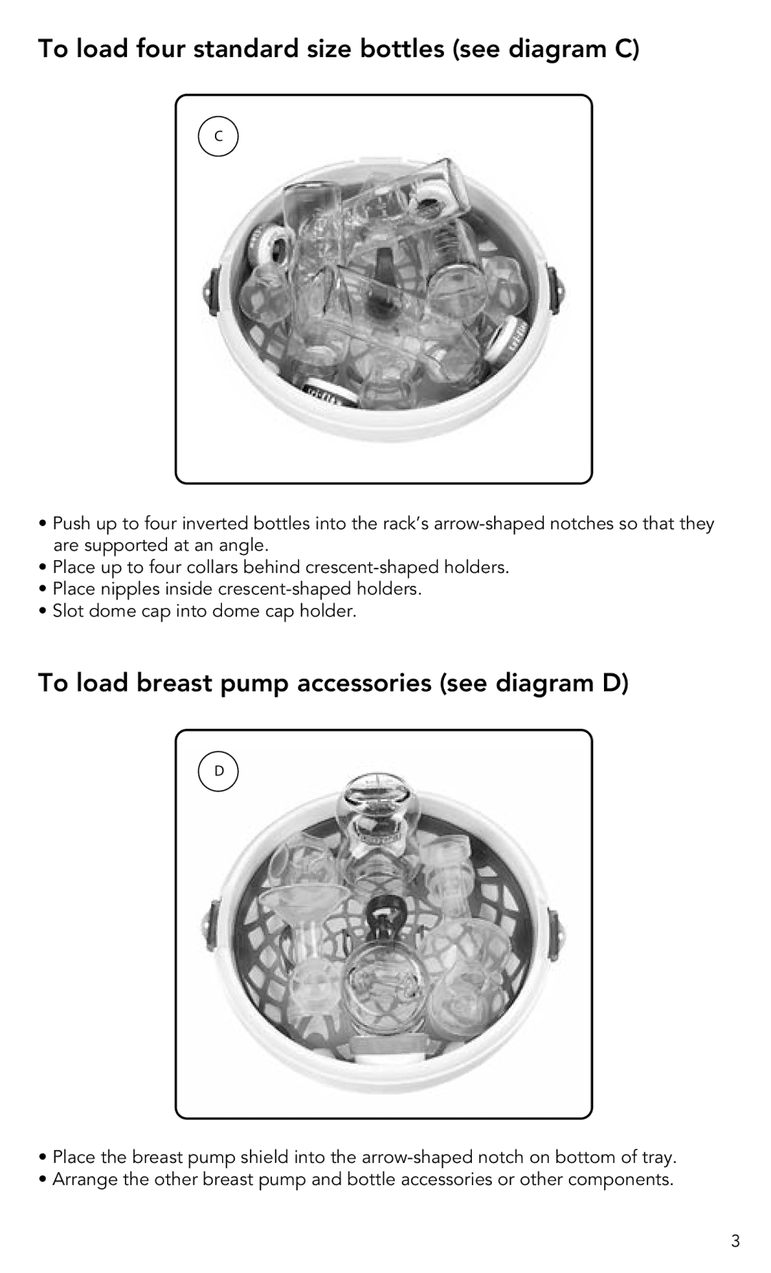 Munchkin Baby Accessories To load four standard size bottles see diagram C, To load breast pump accessories see diagram D 