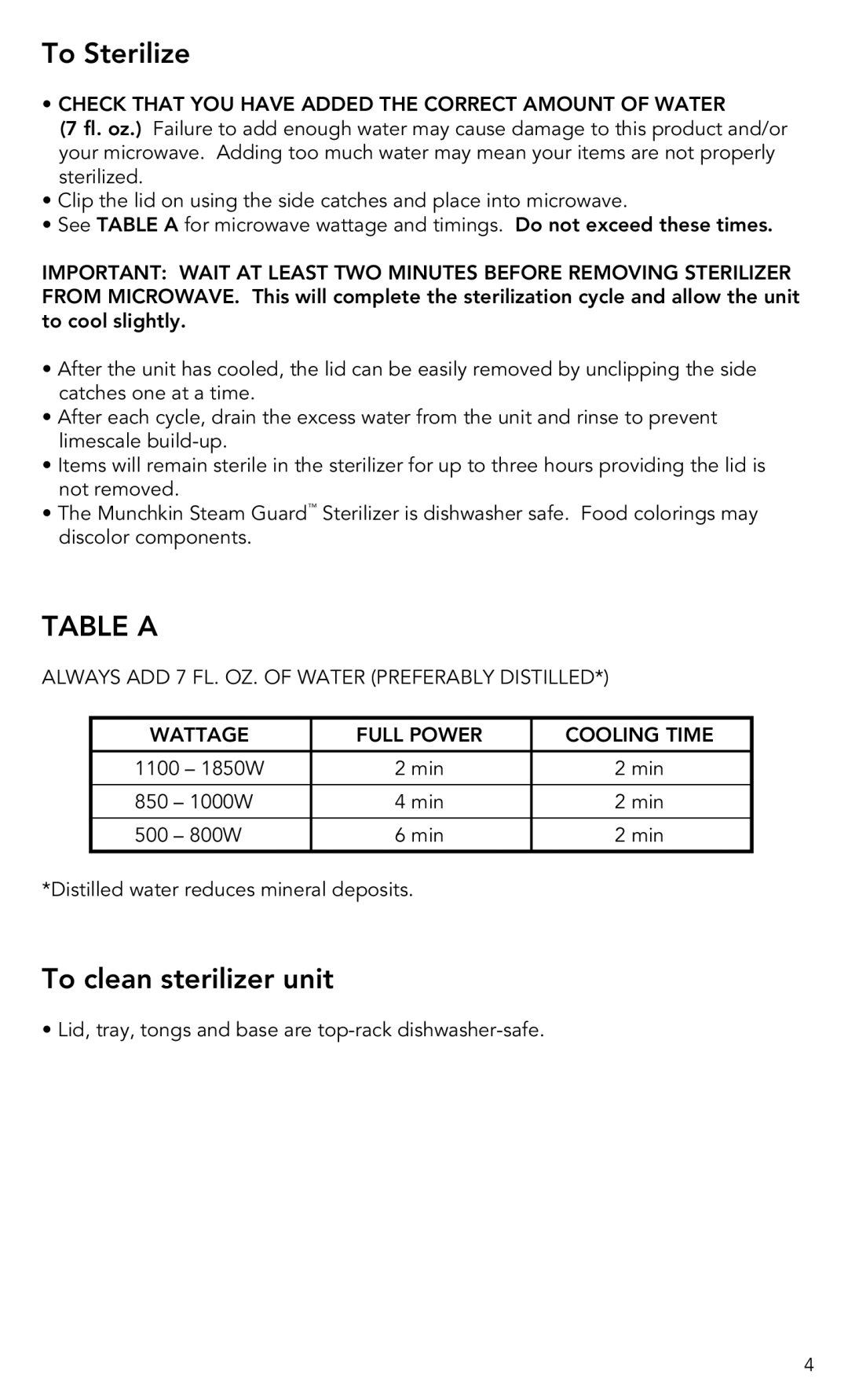 Munchkin Baby Accessories manual To Sterilize, Table a, To clean sterilizer unit 