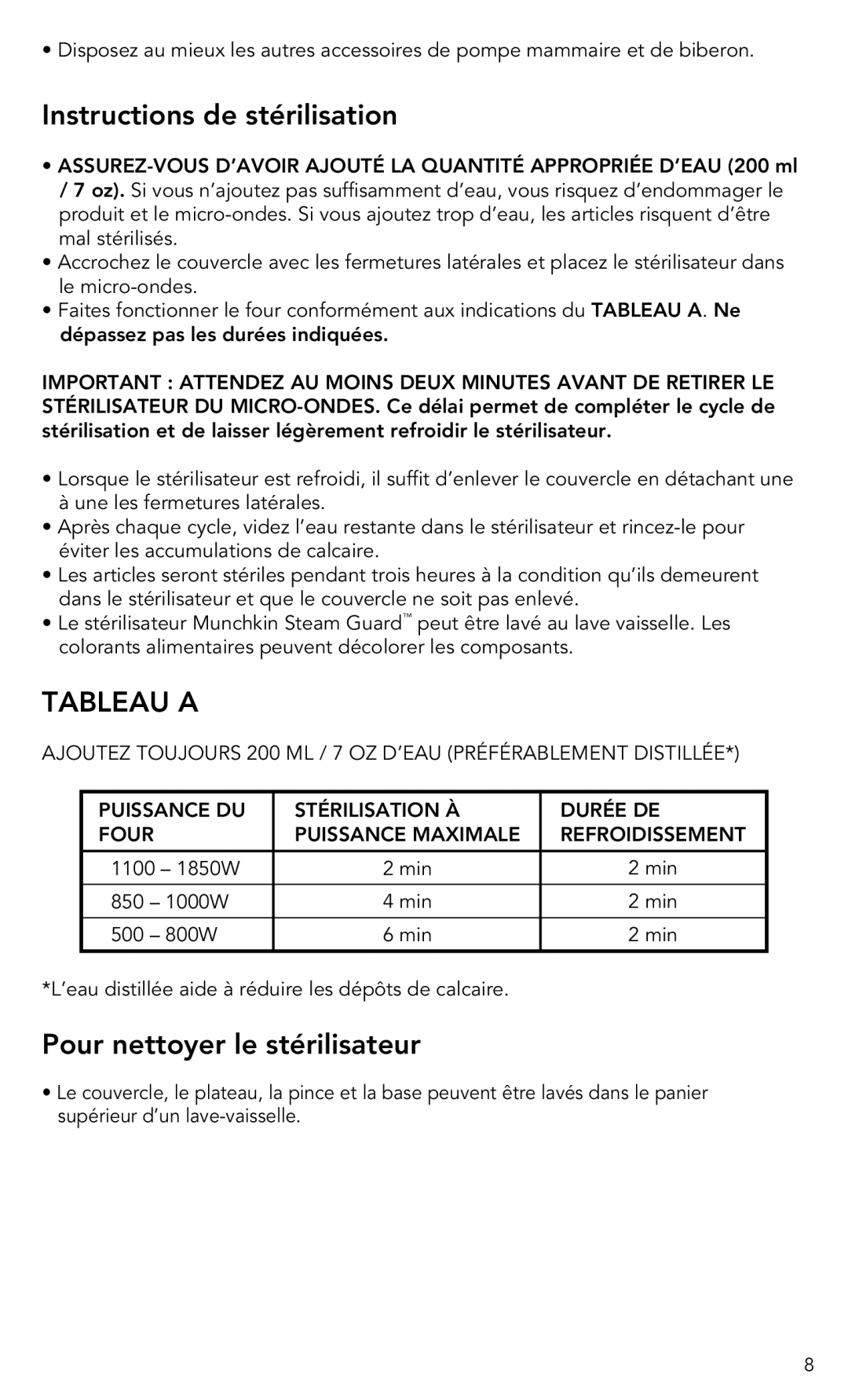 Munchkin Baby Accessories manual Instructions de stérilisation, Tableau a, Pour nettoyer le stérilisateur 