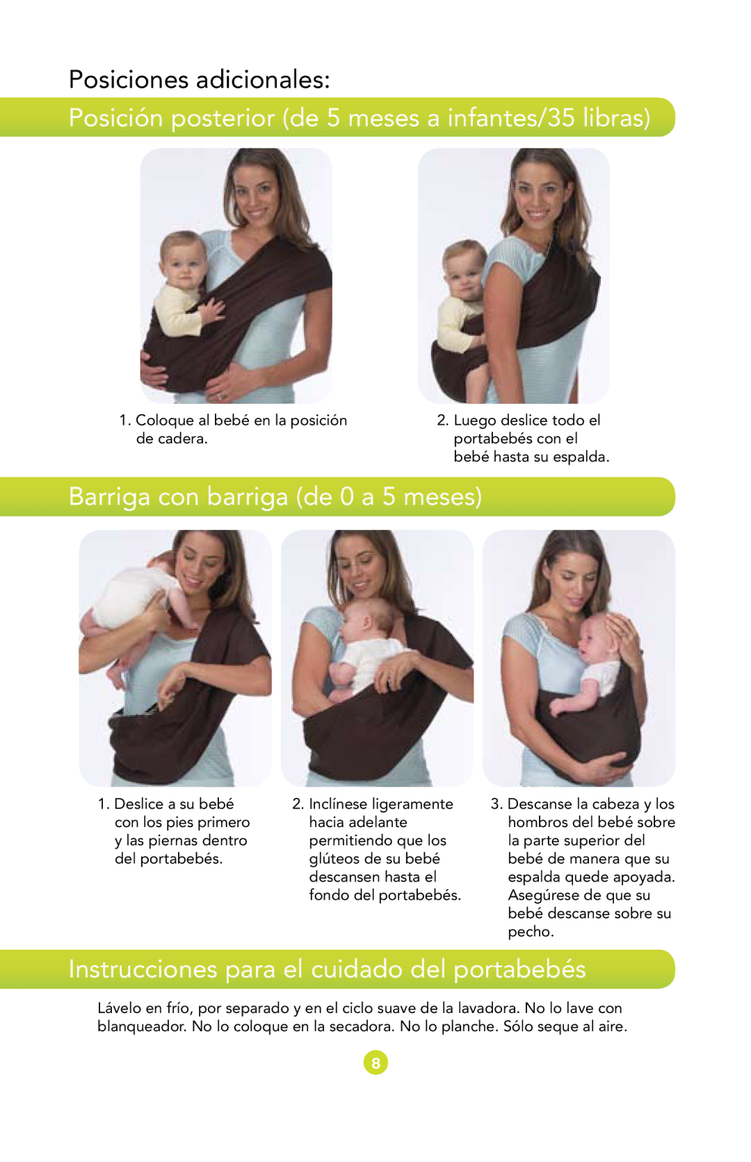 Munchkin Baby Carrier manual Posición posterior de 5 meses a infantes/35 libras, Barriga con barriga de 0 a 5 meses 