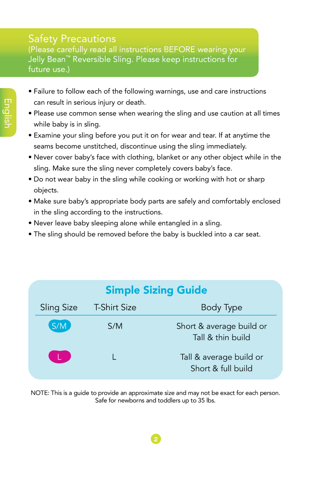 Munchkin Baby Carrier manual Safety Precautions, Simple Sizing Guide 