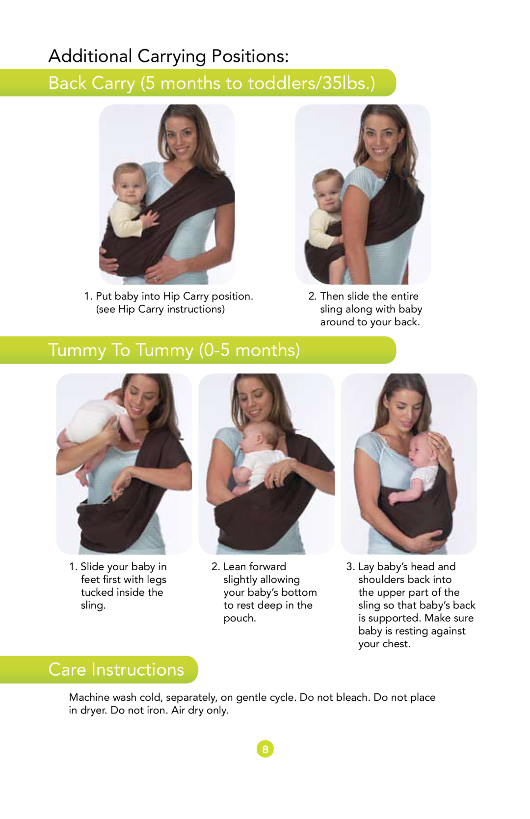 Munchkin Baby Carrier manual Back Carry 5 months to toddlers/35lbs, Tummy To Tummy 0-5 months, Care Instructions 