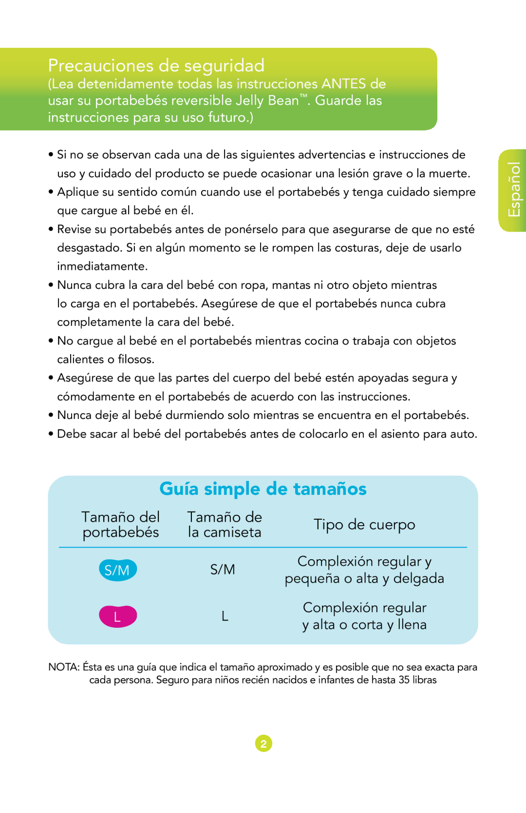 Munchkin Baby Carrier manual Precauciones de seguridad, Guía simple de tamaños 