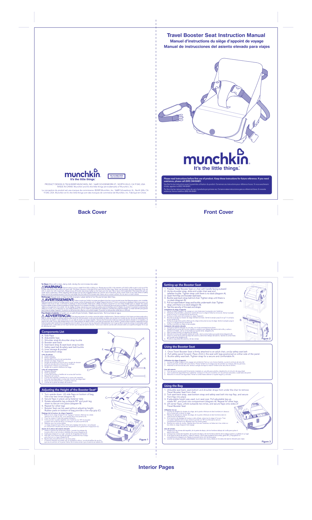 Munchkin Car Seat instruction manual Back Cover Front Cover, Interior Pages 