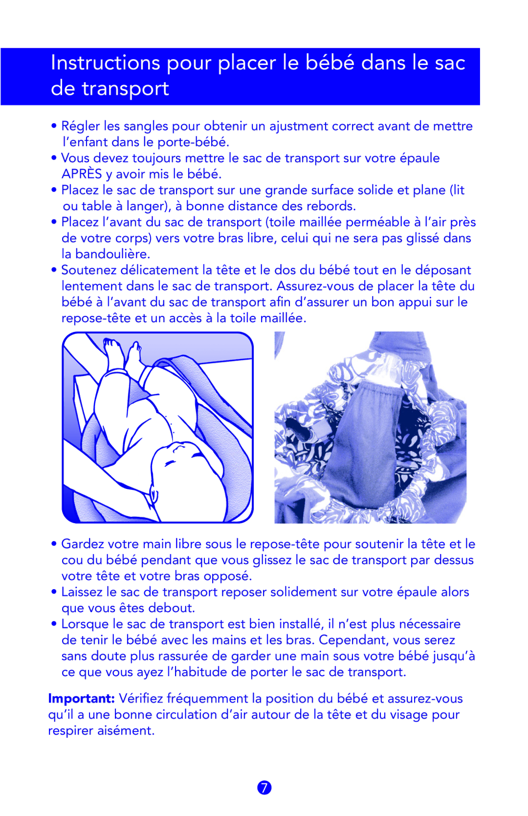 Munchkin Cargo Sling owner manual Instructions pour placer le bébé dans le sac de transport 