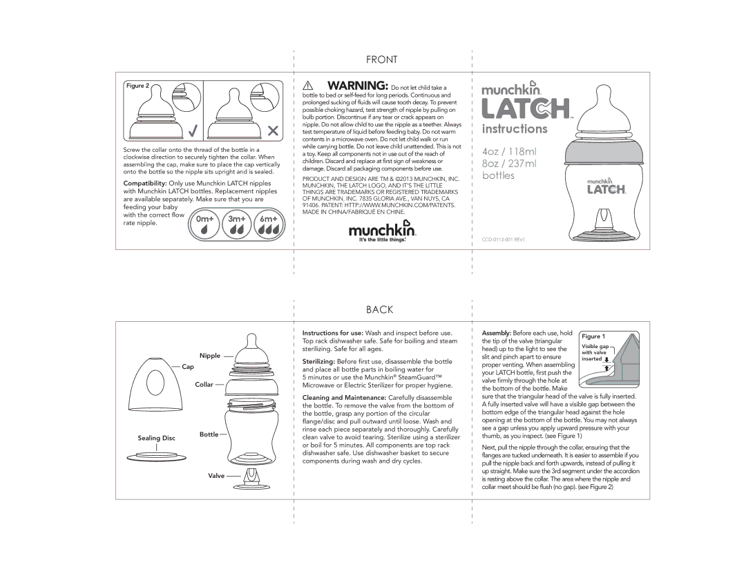 Munchkin CCD-0113-001 REV1 manual Instructions, Front, Back 