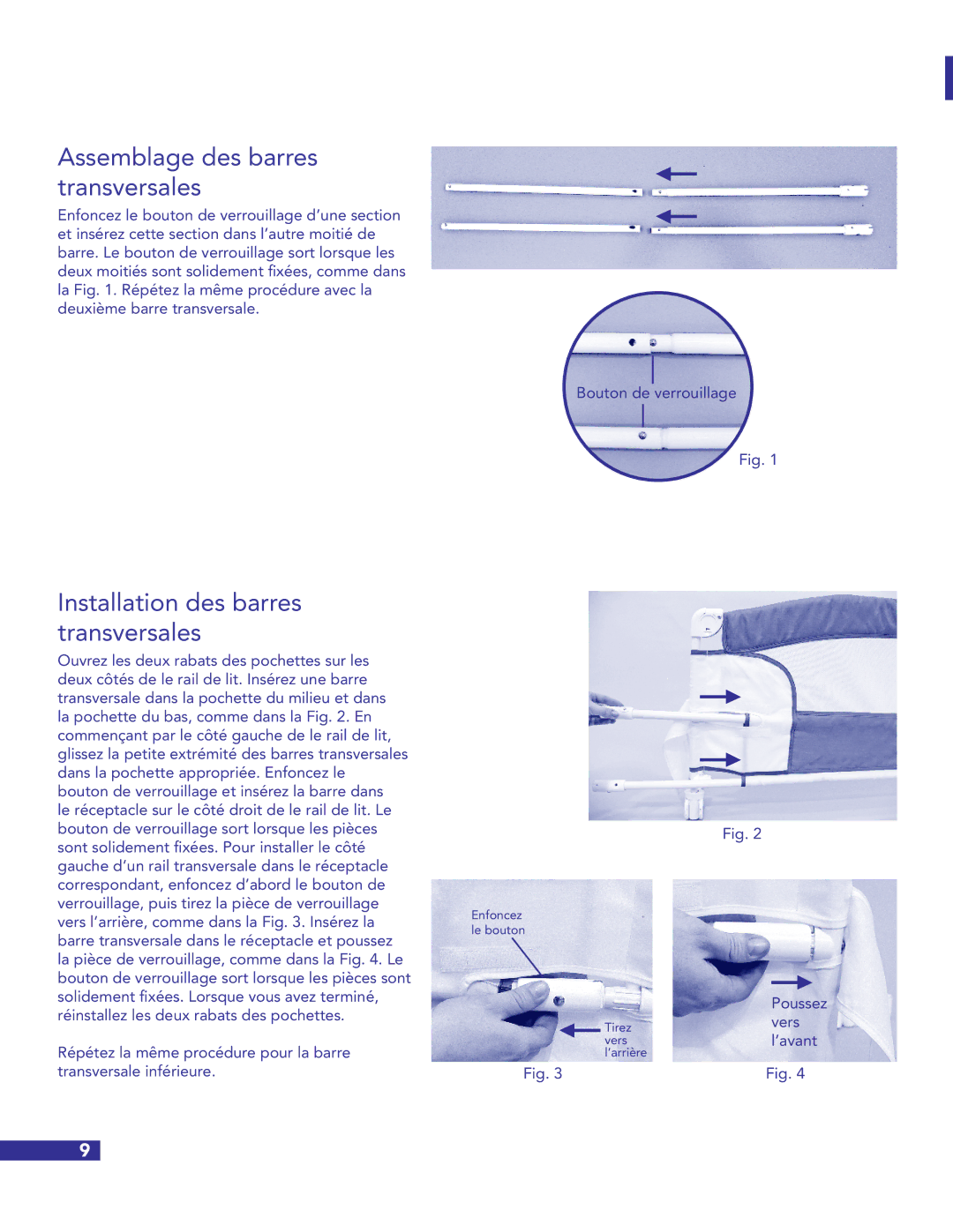 Munchkin Crib instruction manual Assemblage des barres transversales, Installation des barres transversales 