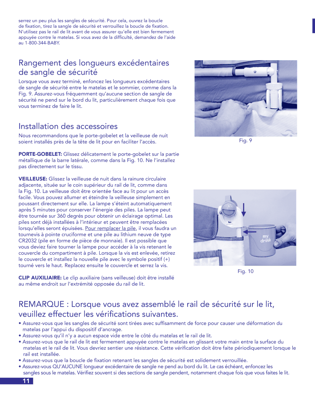 Munchkin Crib instruction manual Rangement des longueurs excédentaires de sangle de sécurité, Installation des accessoires 