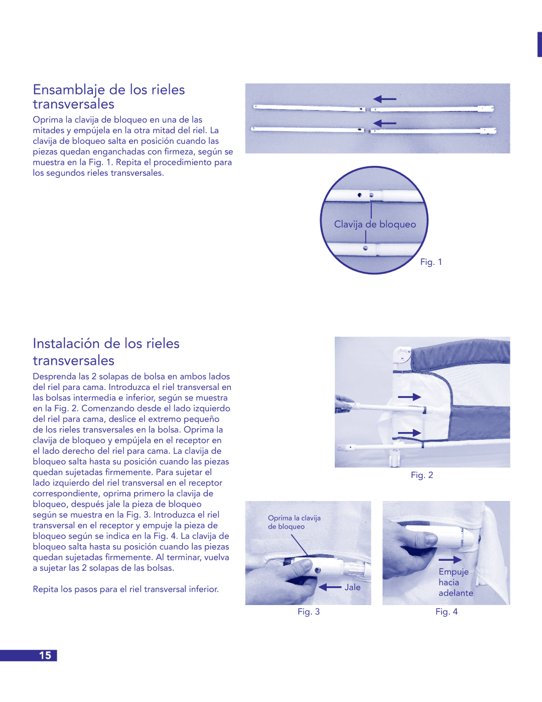 Munchkin Crib instruction manual Ensamblaje de los rieles transversales, Instalación de los rieles transversales 