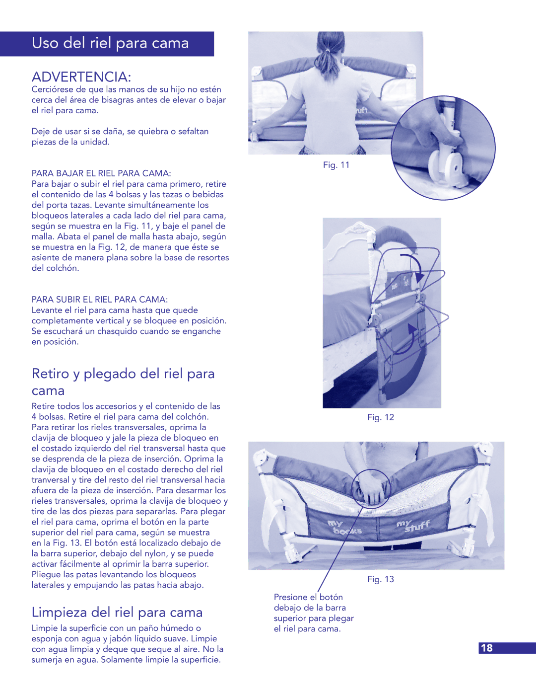 Munchkin Crib instruction manual Uso del riel para cama, Retiro y plegado del riel para cama, Limpieza del riel para cama 