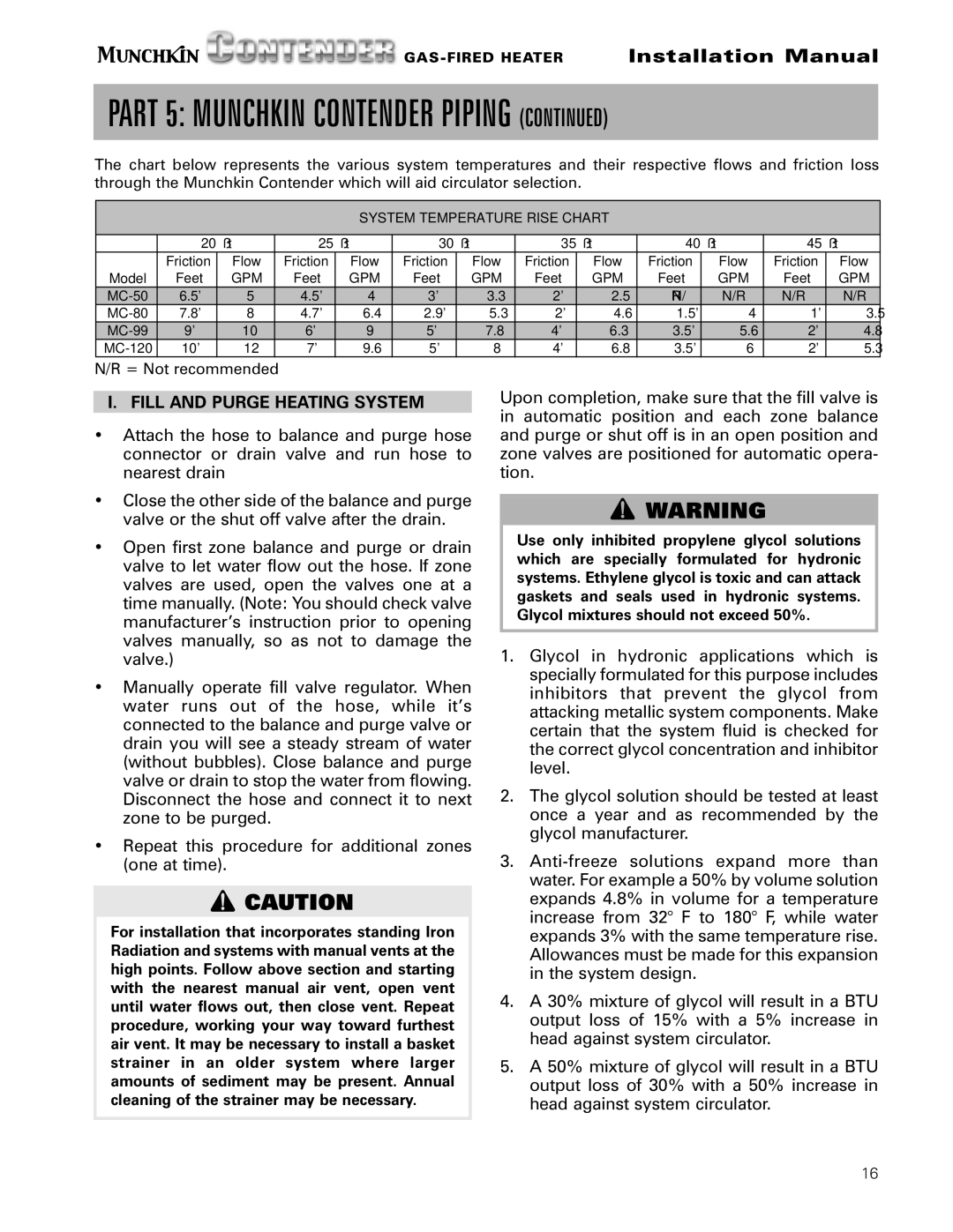 Munchkin Gas-Fired Hot Water Circulating Heater Fill and Purge Heating System, System Temperature Rise Chart 