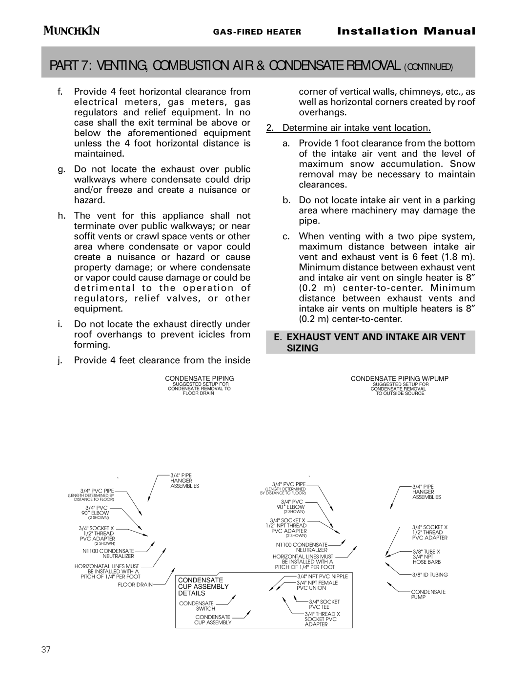 Munchkin Gas-Fired Hot Water Circulating Heater installation manual Part 7 VENTING, Combustion AIR & Condensate Removal 