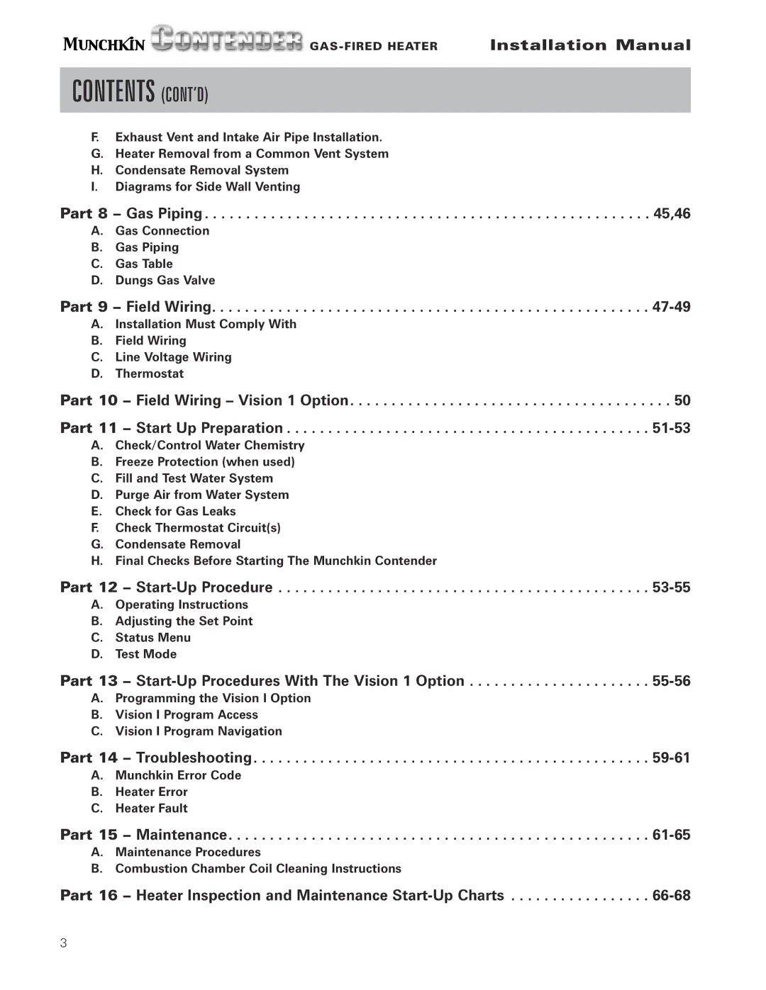 Munchkin Gas-Fired Hot Water Circulating Heater installation manual Contents CONT’D 