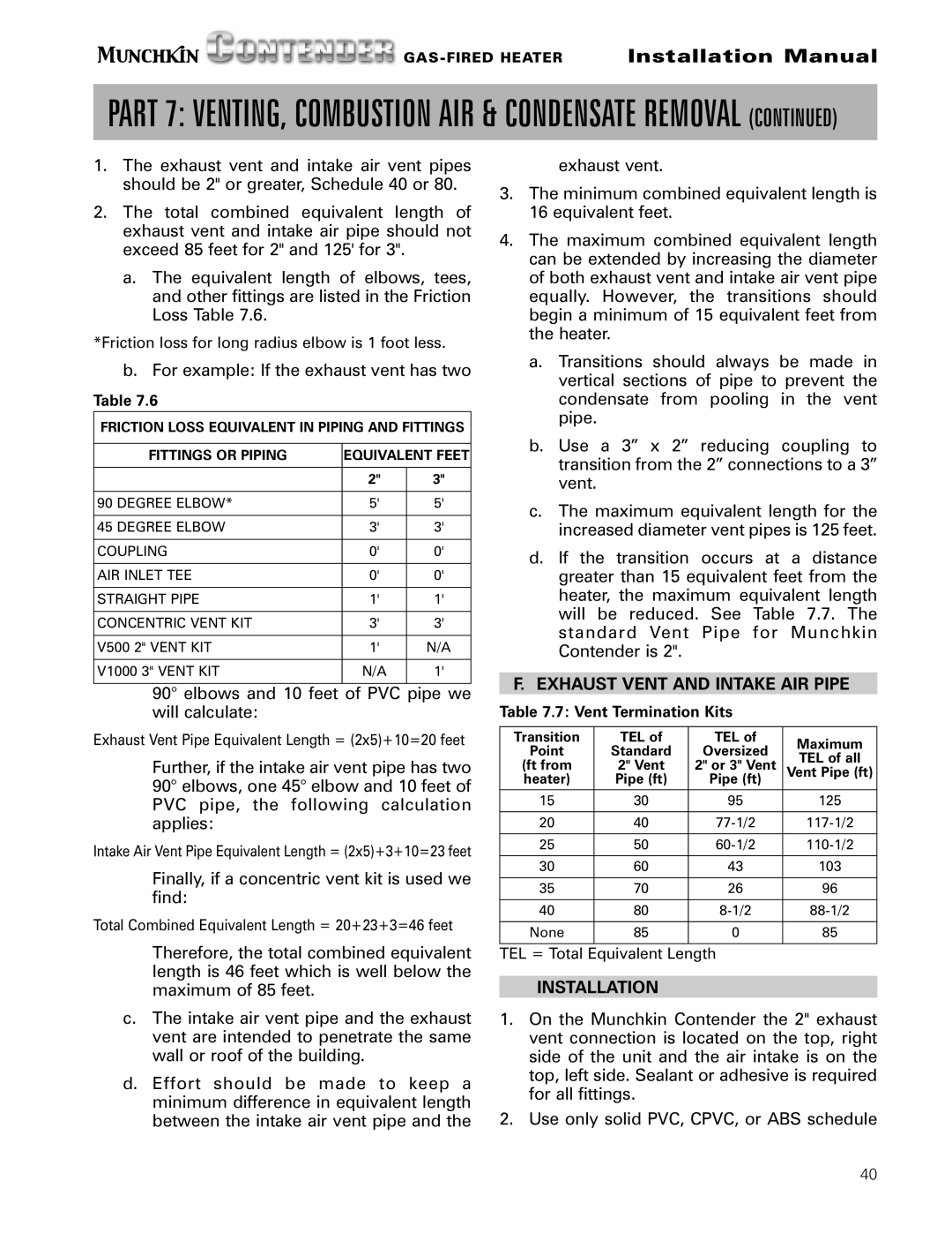 Munchkin Gas-Fired Hot Water Circulating Heater installation manual Exhaust Vent and Intake AIR Pipe, Installation 