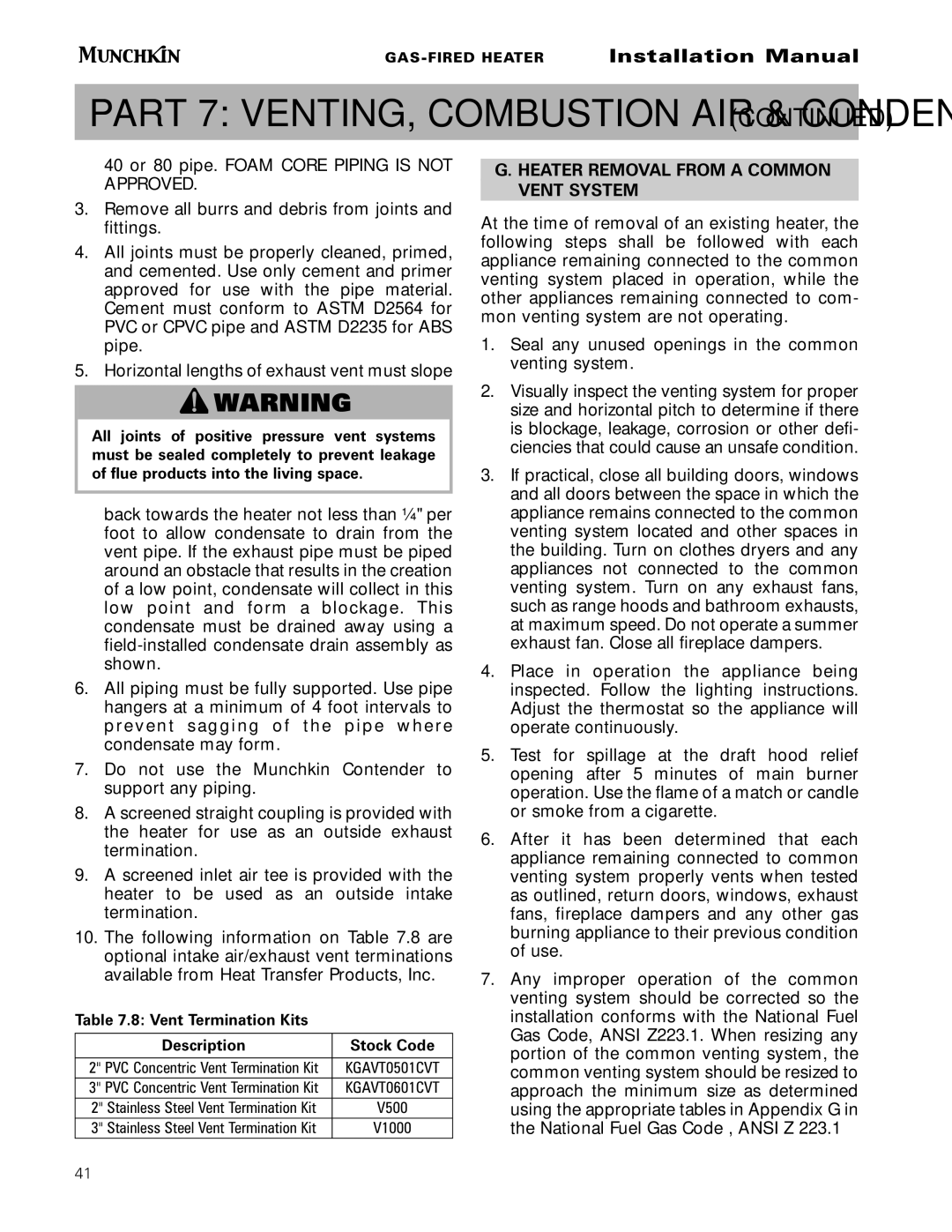 Munchkin Gas-Fired Hot Water Circulating Heater installation manual Heater Removal from a Common Vent System 