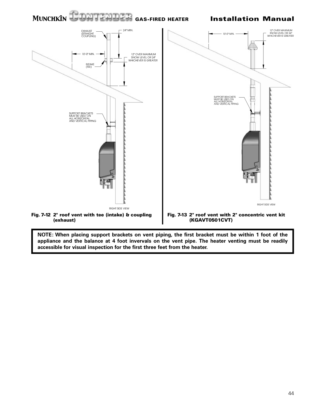 Munchkin Gas-Fired Hot Water Circulating Heater installation manual 12 2 roof vent with tee intake & coupling exhaust 