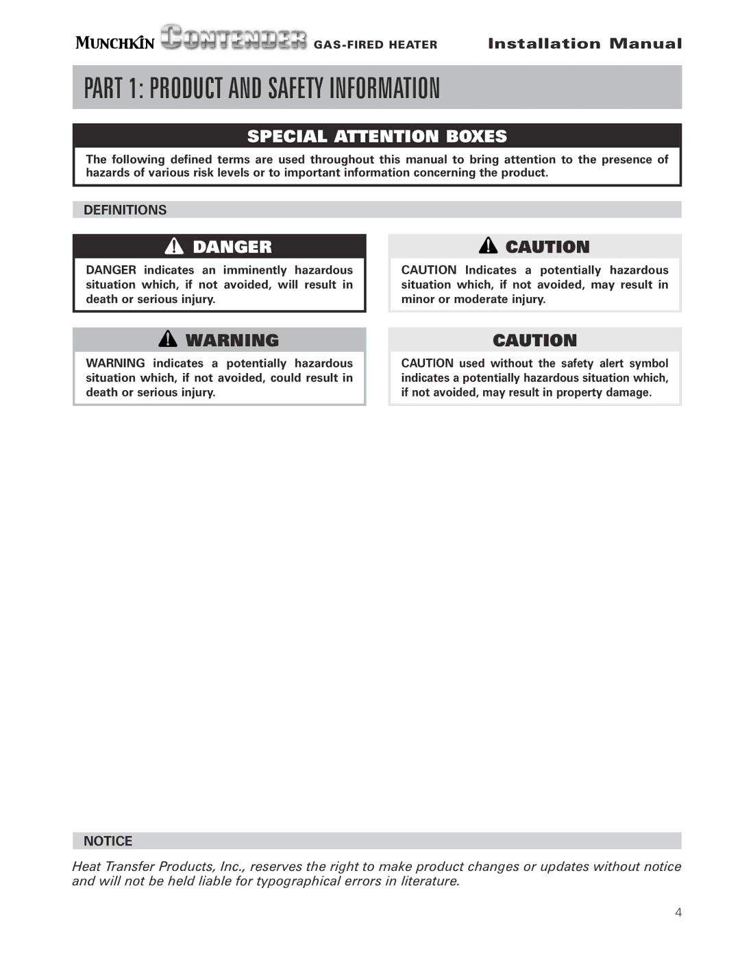 Munchkin Gas-Fired Hot Water Circulating Heater installation manual Part 1 Product and Safety Information, Definitions 