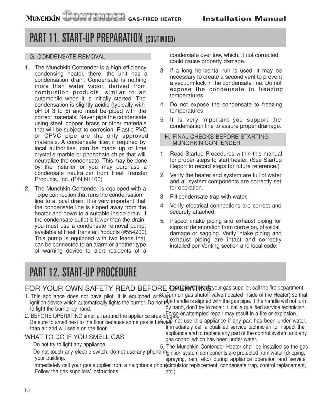 Munchkin Gas-Fired Hot Water Circulating Heater installation manual Part 12. START-UP Procedure, Condensate Removal 