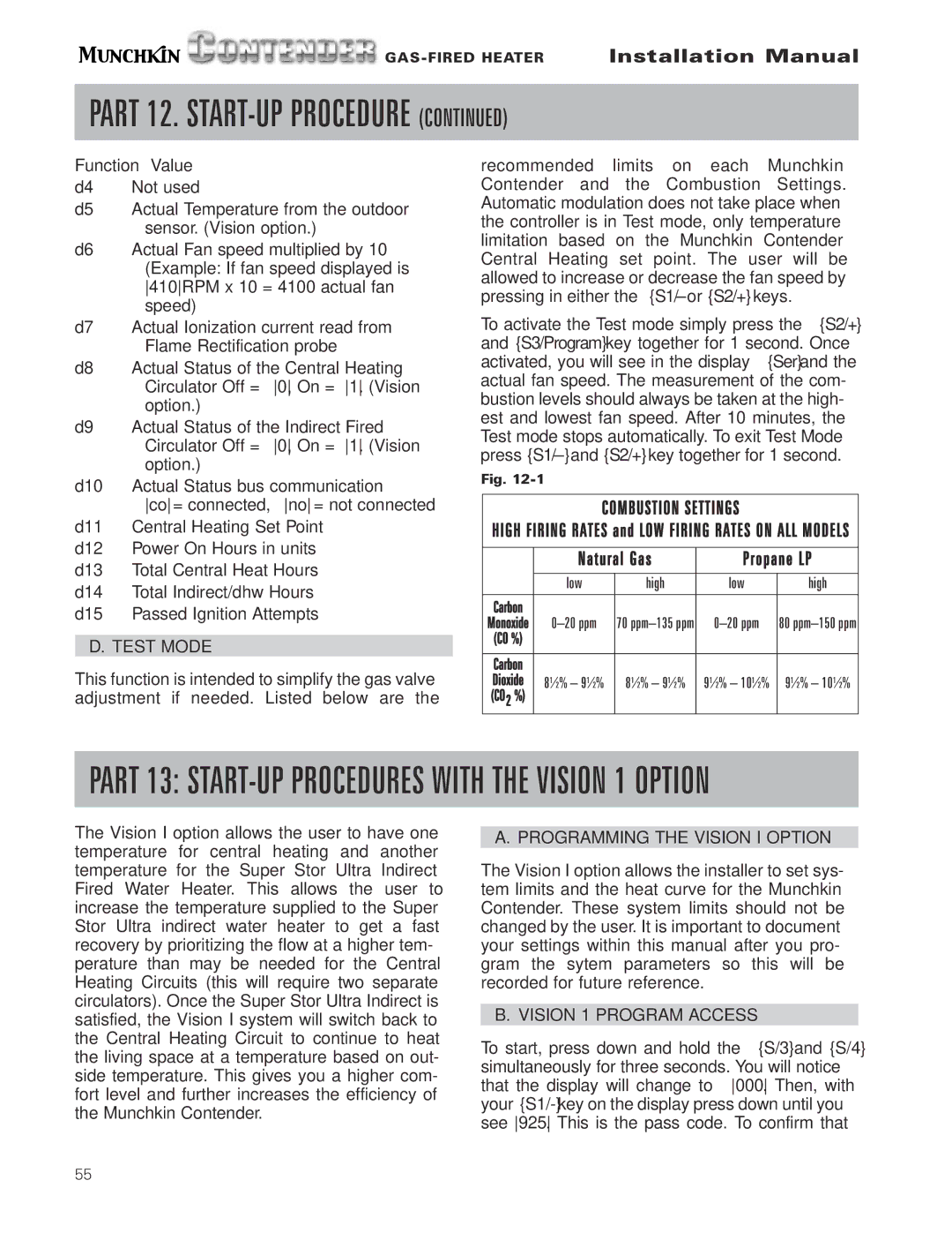 Munchkin Gas-Fired Hot Water Circulating Heater Test Mode, Programming the Vision I Option, Vision 1 Program Access 