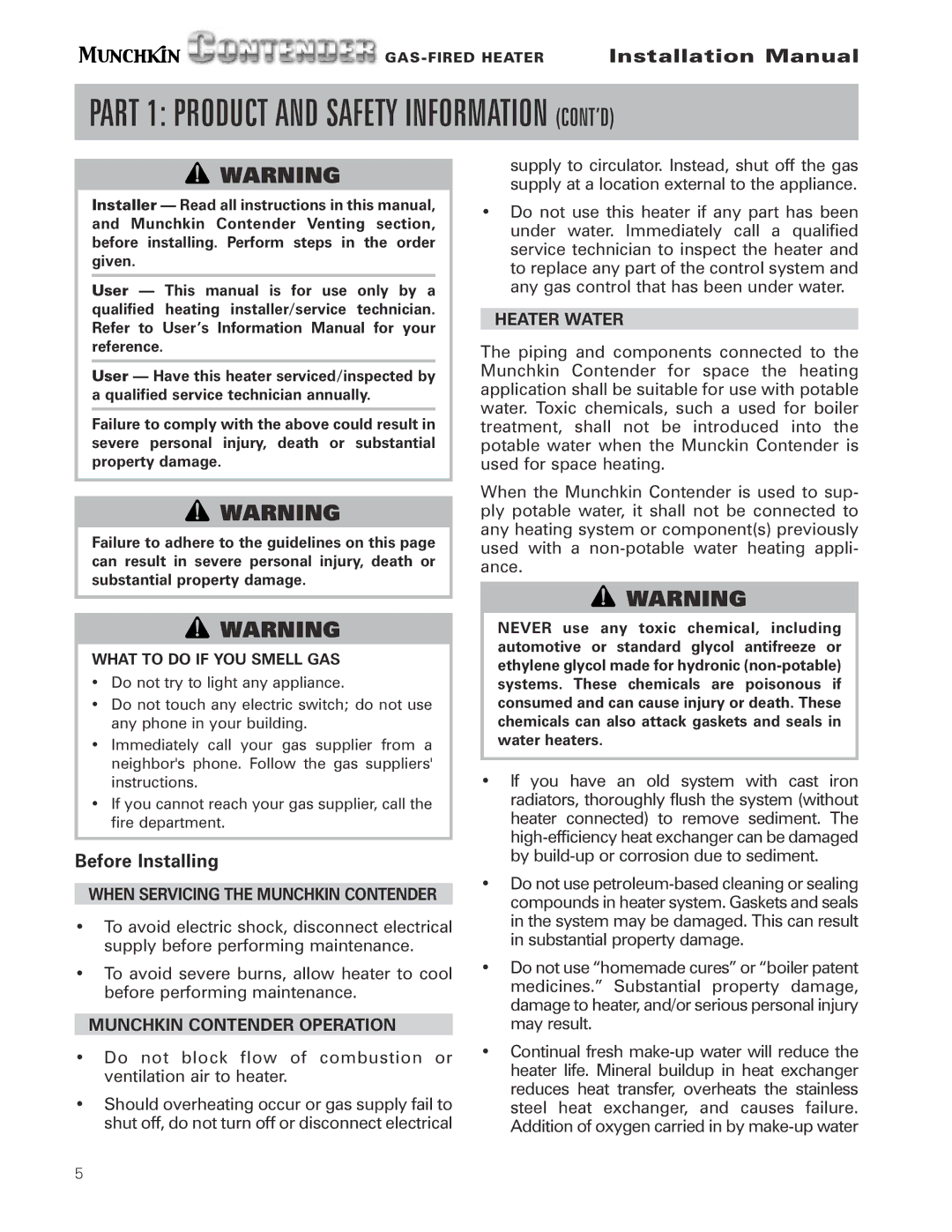 Munchkin Gas-Fired Hot Water Circulating Heater installation manual Munchkin Contender Operation, Heater Water 